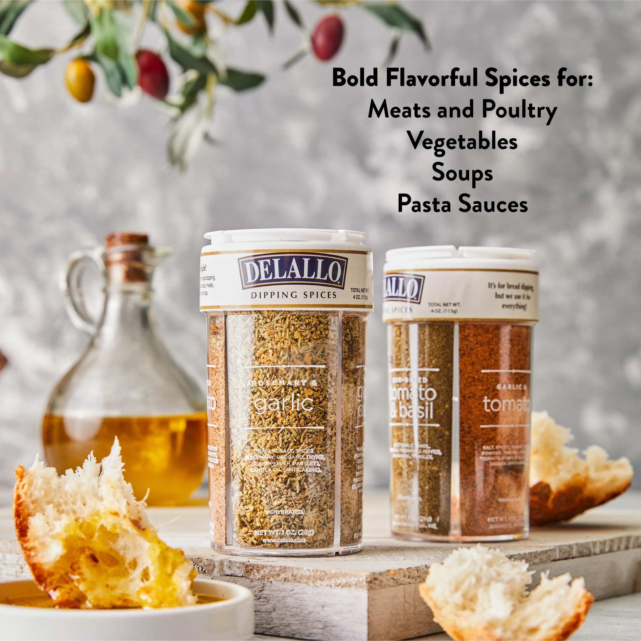Delallo Italian Dipping Spices Variety Seasoning Shaker, 4 Ounce Container, 3 Pack, With Garlic, Pepper & Tomato, Sun-Dried Tomato, Rosemary & Garlic, Roasted Garlic Parmesan
