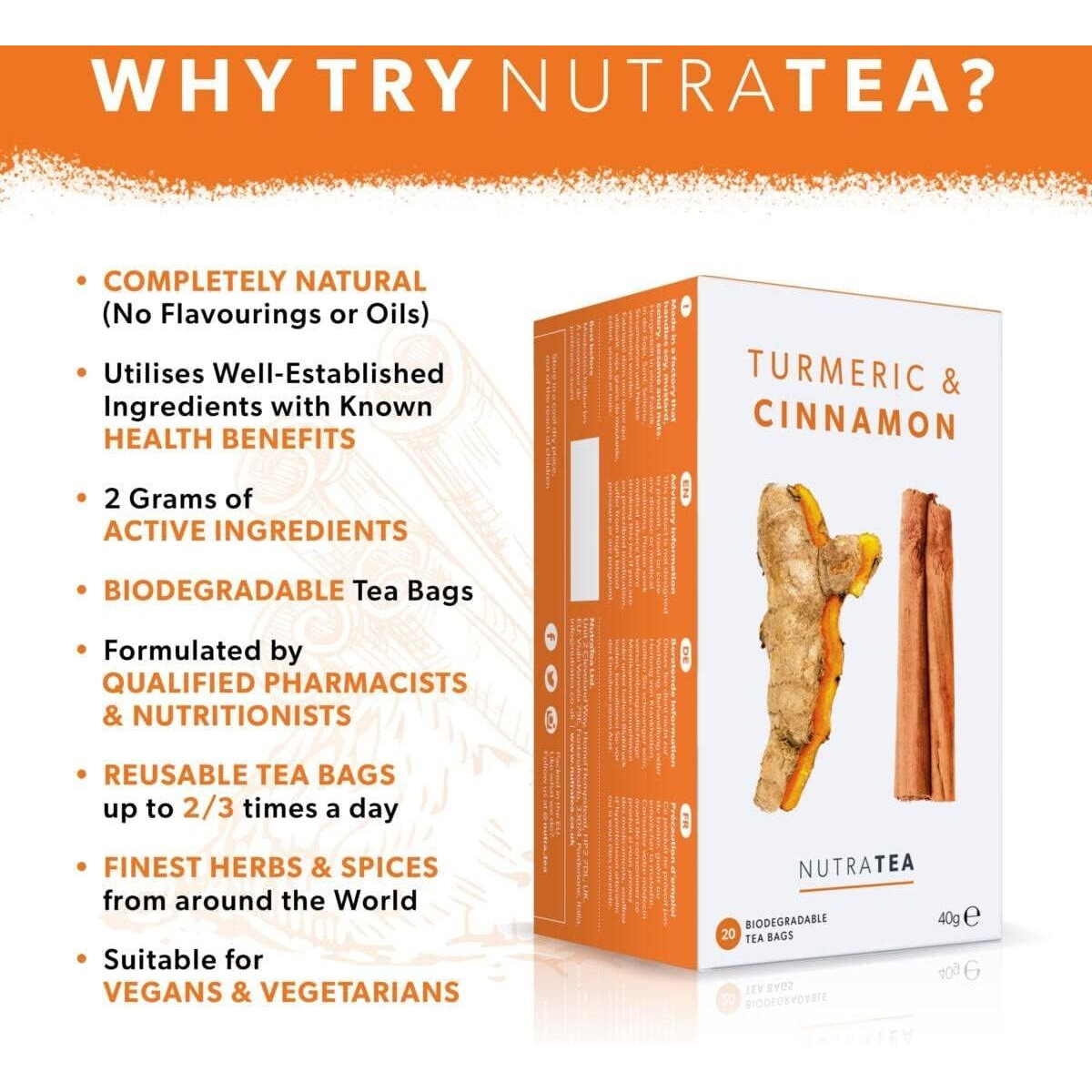 Nutra Tea - Turmeric & Cinnamon Tea - 20 Tea Bags - Herbal Tea