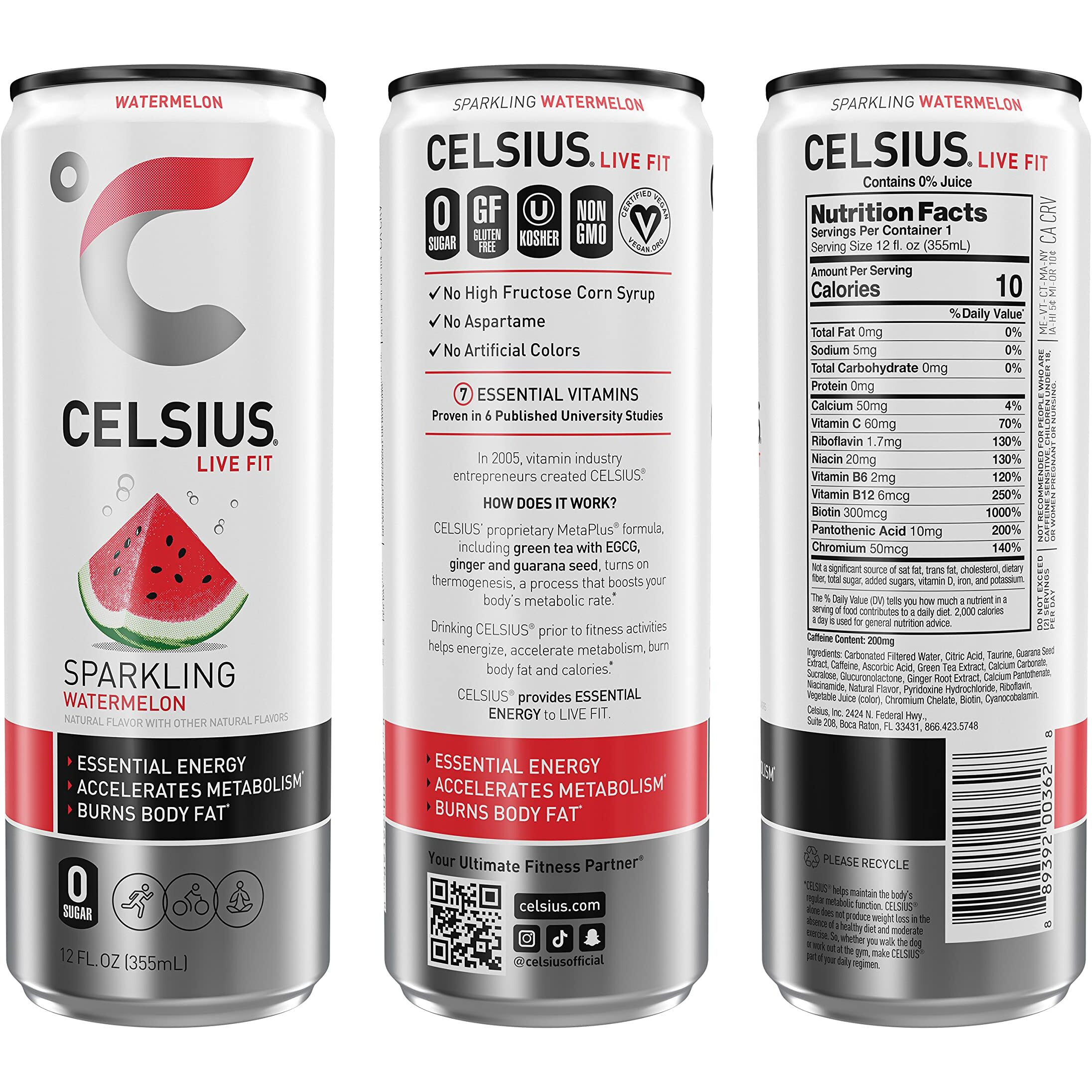 Celsius Sparkling Watermelon, Functional Essential Energy Drink 12 Fl Oz (Pack Of 24)
