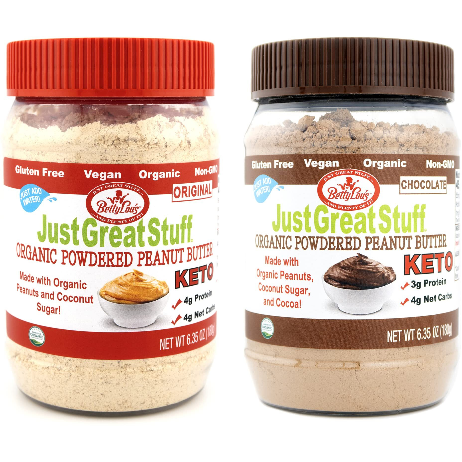 Betty Lou's 100% Organic Powdered Peanut Butter Variety Pack (1) Regular & (1) Chocolate, 6.35 Oz | Gluten Free, Vegan, Low Calorie, High Protein | Deliciously Healthy Nut Butter | Just Add Water