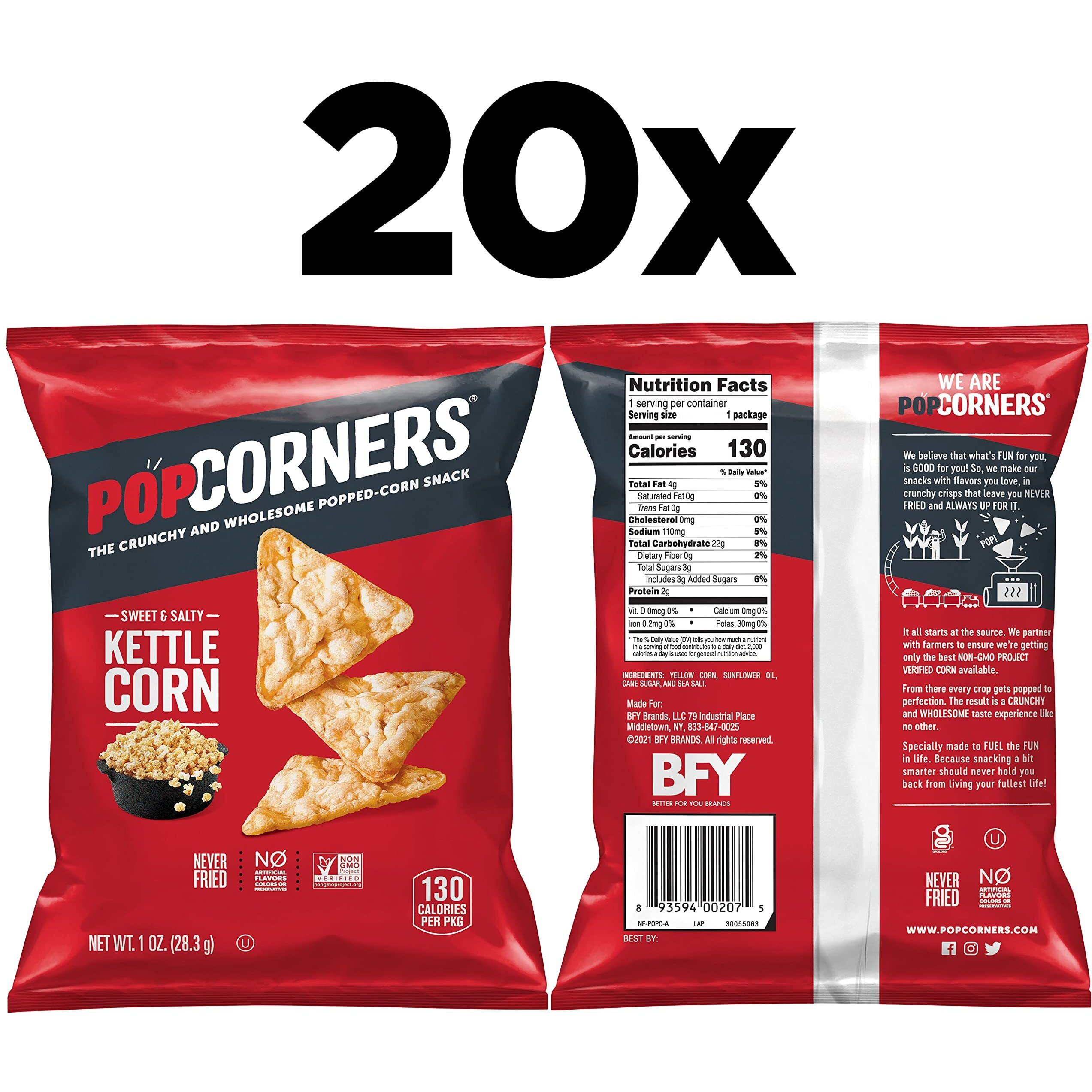 Popcorners Popped Corn Snacks, Kettle Corn, 1 Ounce (Pack Of 20) (Packaging May Vary)