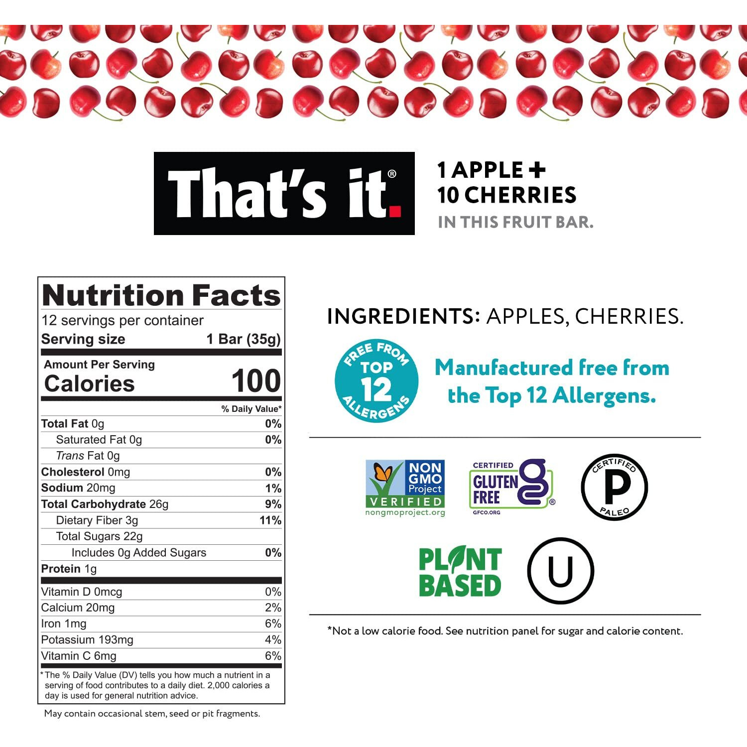 That's It. Apple + Cherry 100% Natural Real Fruit Bar, Best High Fiber Vegan, Gluten Free Healthy Snack, Paleo For Children & Adults, Non Gmo No Sugar Added, No Preservatives Energy Food (12 Pack)