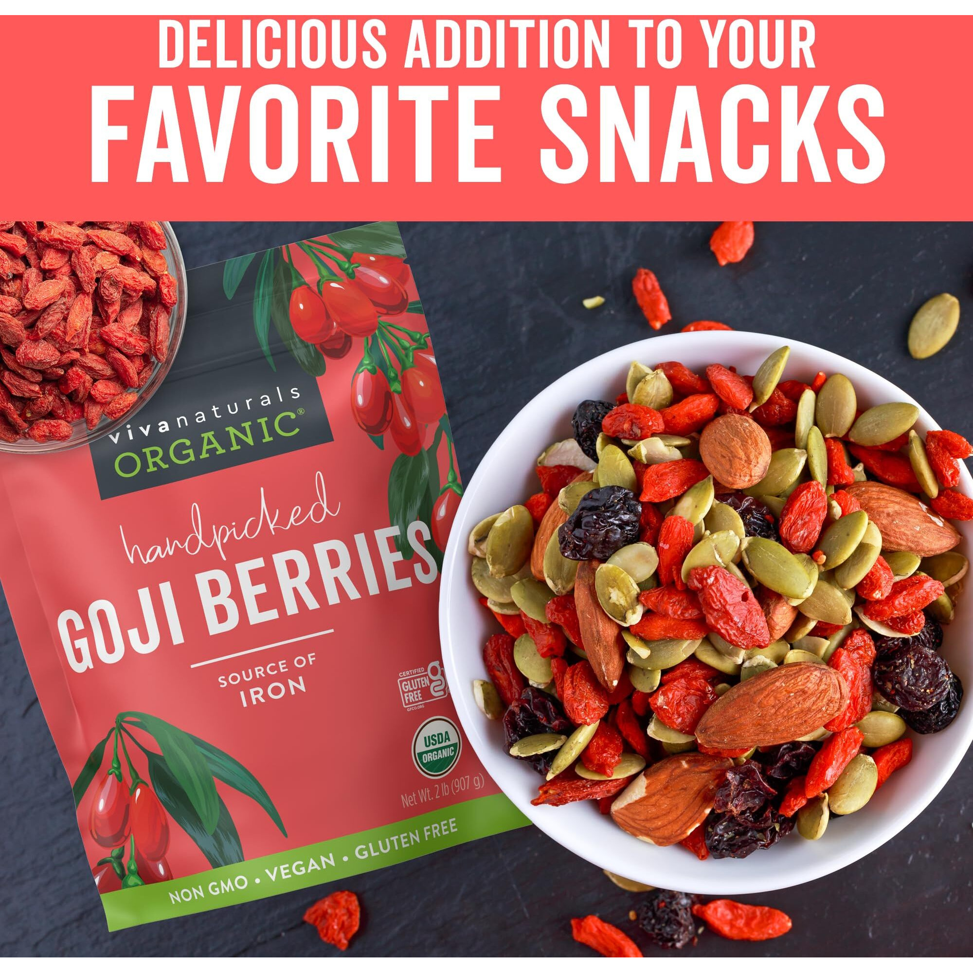 Viva Naturals Organic Dried Goji Berries, 32 Oz (2 Lb) Non-Gmo And Vegan Wolfberries, Perfect For Baking, Smoothies, Teas And Snacks, Goji Berries Organic