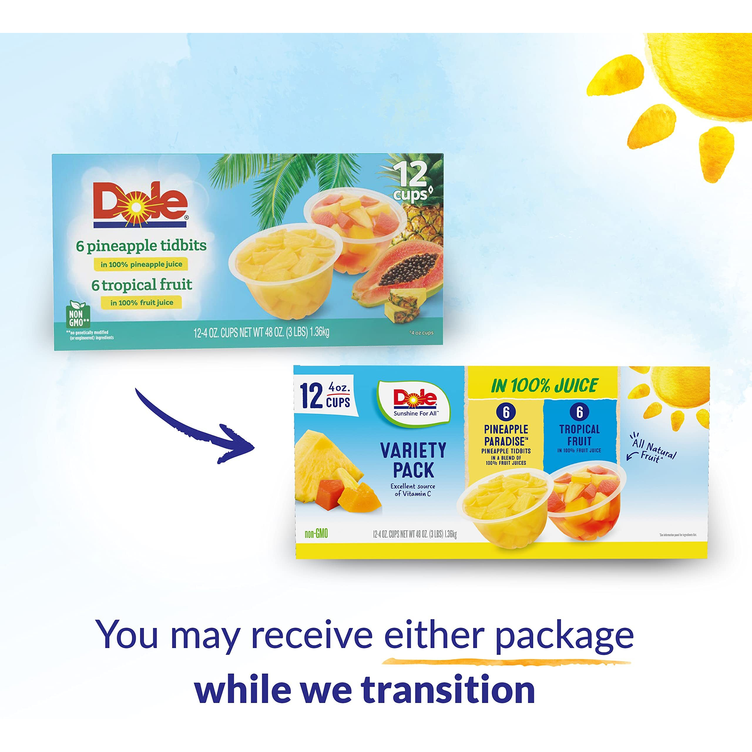 Dole Fruit Bowls Pineapple Tidbits & Tropical Fruit In 100% Juice Snacks, 4Oz 12 Total Cups, Gluten & Dairy Free, Bulk Lunch Snacks For Kids & Adults