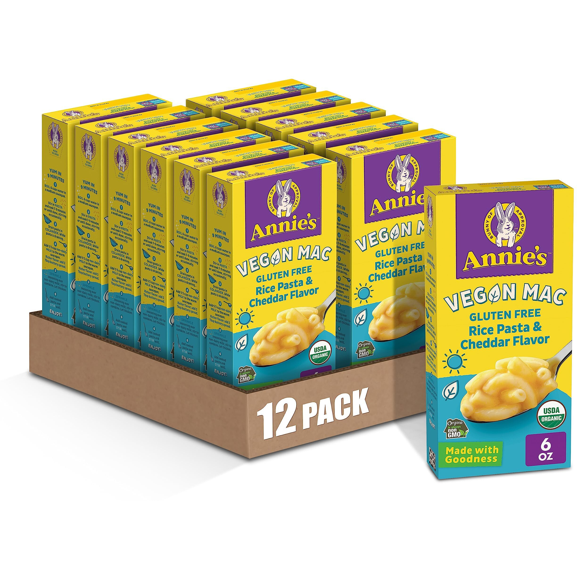Annies Vegan Mac Rice Pasta And Cheddar Flavor Dinner With Organic Gluten Free Pasta, 6 Oz (Pack Of 12)