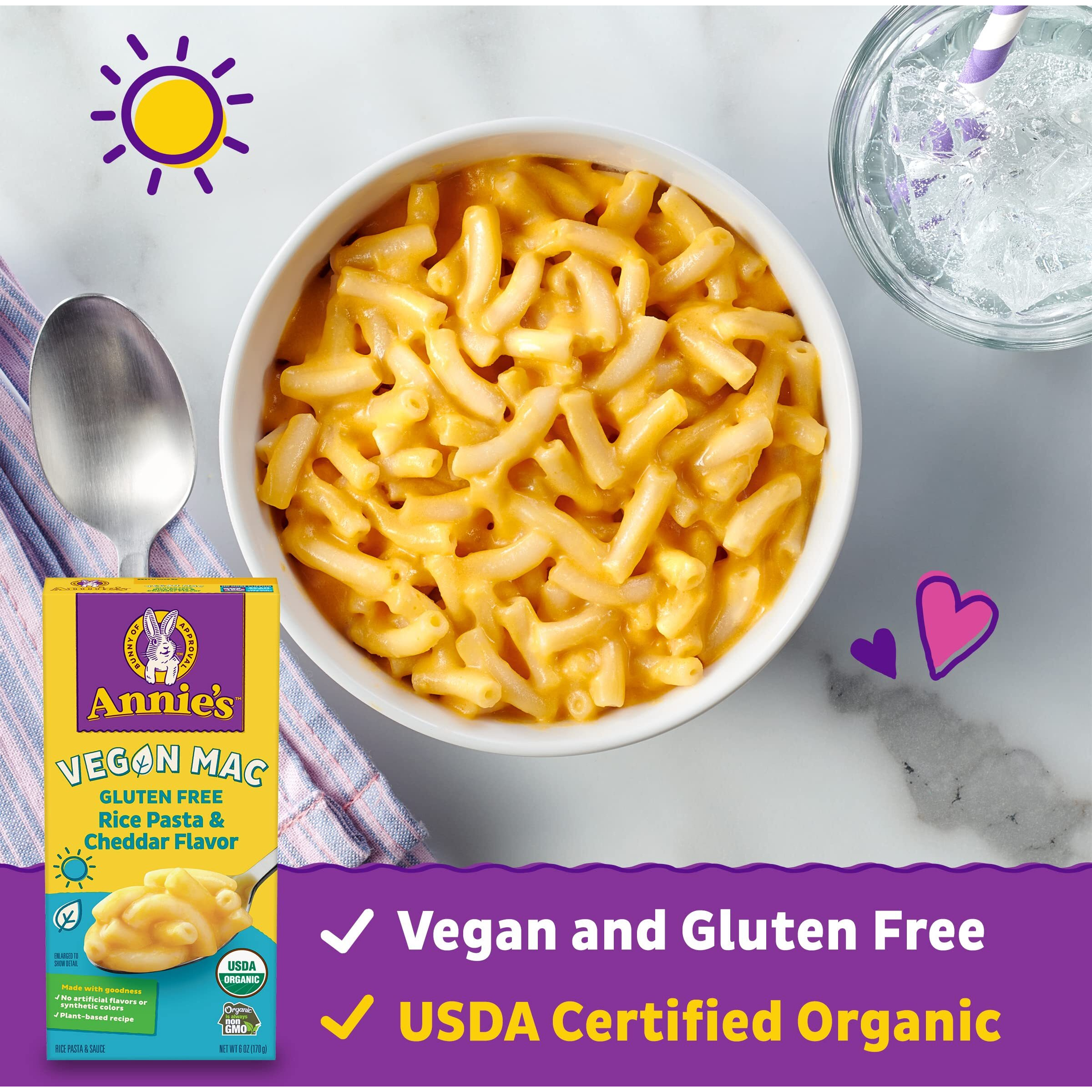 Annies Vegan Mac Rice Pasta And Cheddar Flavor Dinner With Organic Gluten Free Pasta, 6 Oz (Pack Of 12)