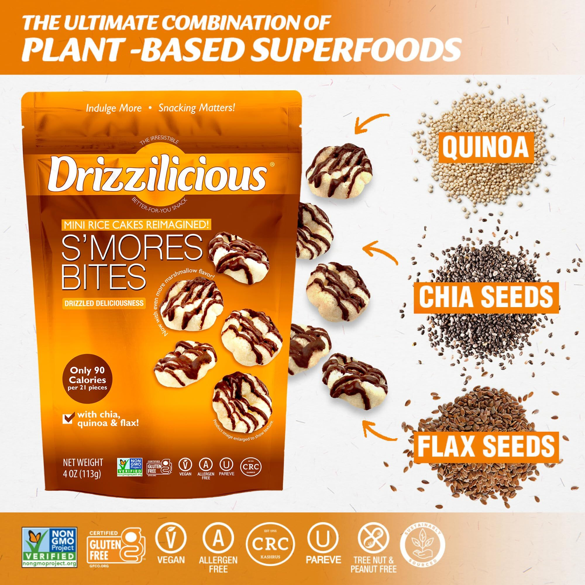 Drizzilicious Mini Rice Cakes S'Mores - Rice Crisps, Healthy Snack For Adults And Kids, Flavored Rice Cakes, Vegan, Gluten Free, Allergen Free, Only 90 Calories Per Serving- 4 Oz (Pack Of 1)