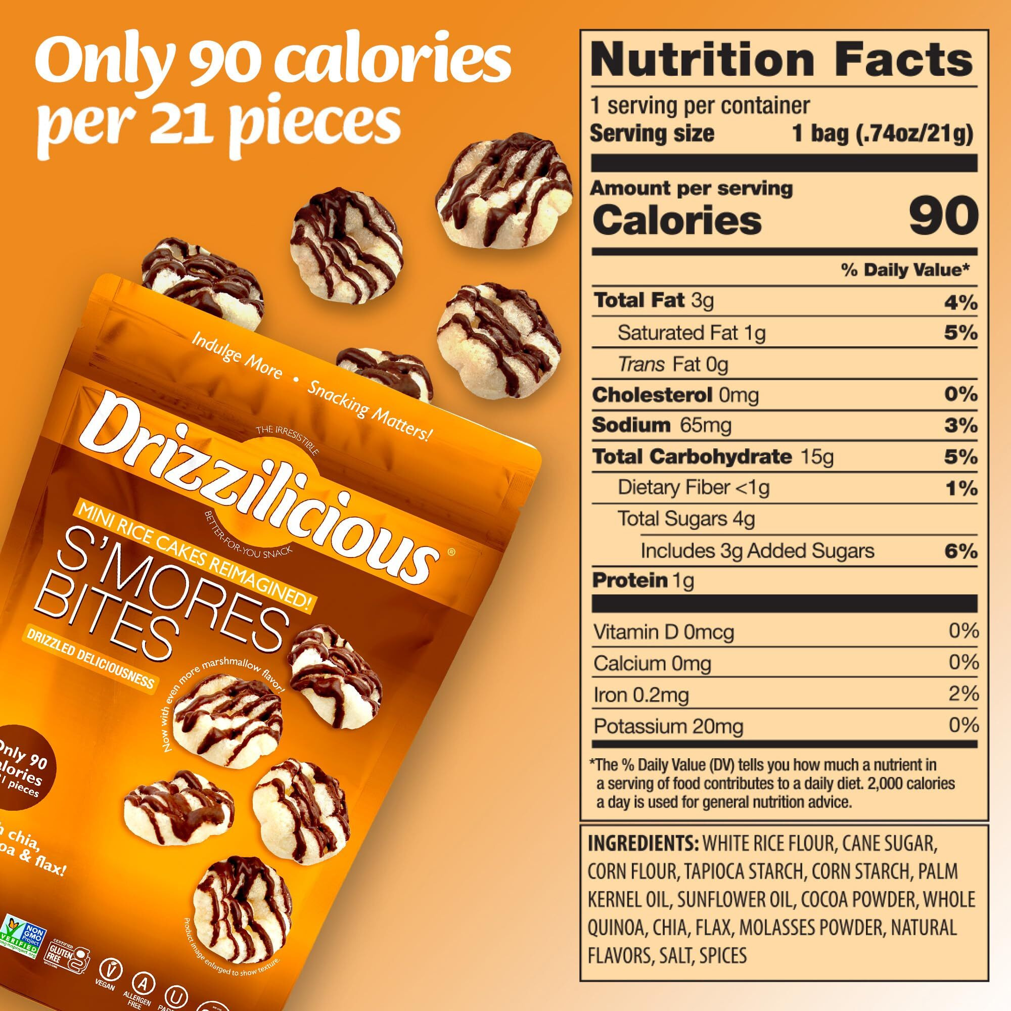 Drizzilicious Mini Rice Cakes S'Mores - Rice Crisps, Healthy Snack For Adults And Kids, Flavored Rice Cakes, Vegan, Gluten Free, Allergen Free, Only 90 Calories Per Serving- 4 Oz (Pack Of 1)