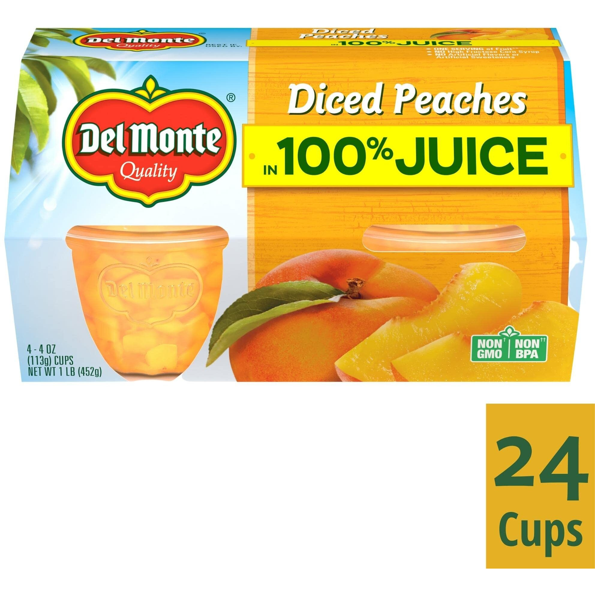 Del Monte Diced Peaches Fruit Cup Snacks In 100% Fruit Juice, 24 Pack, 4 Oz Cup