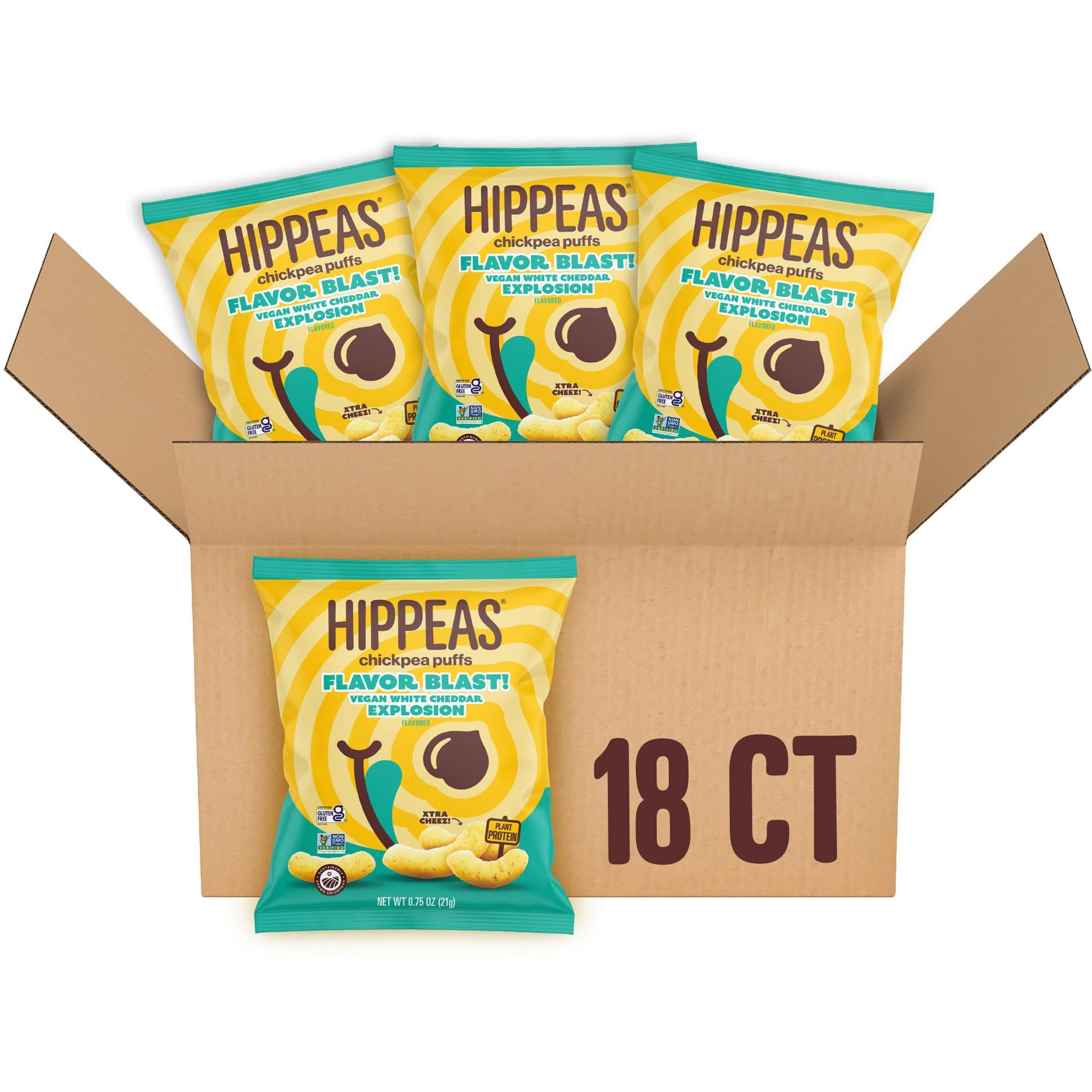 Hippeas Chickpea Puffs, Flavor Blast Vegan White Cheddar Explosion, 0.75 Ounce (Pack Of 18), 3G Protein, 2G Fiber, Vegan, Gluten-Free, Crunchy, Plant Protein Snacks