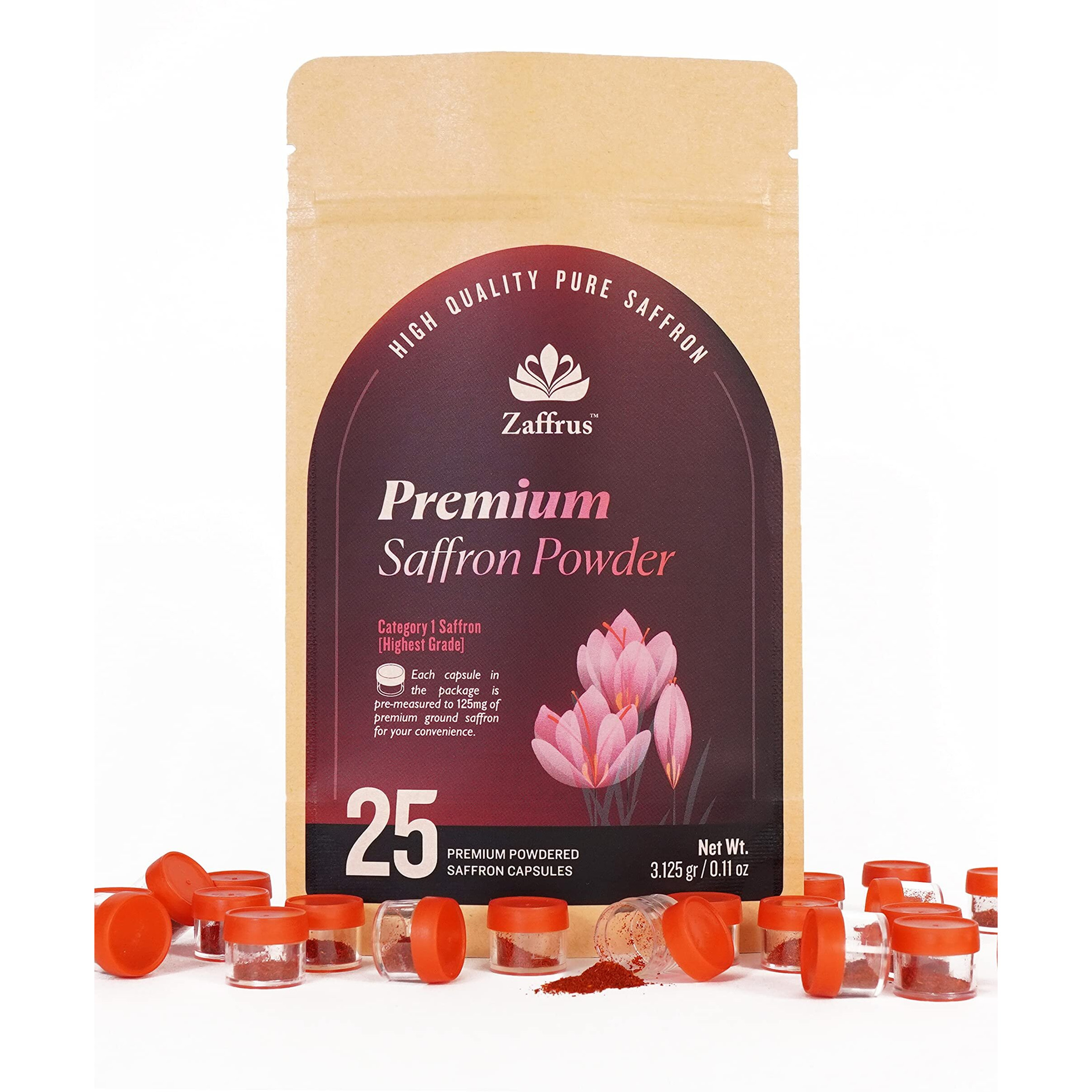 Zaffrus - Premium Saffron Powder For Cooking, Athletes, Specialty Drinks Fans - Pack Of 25 (3.125 Gr/ .1102 Oz)