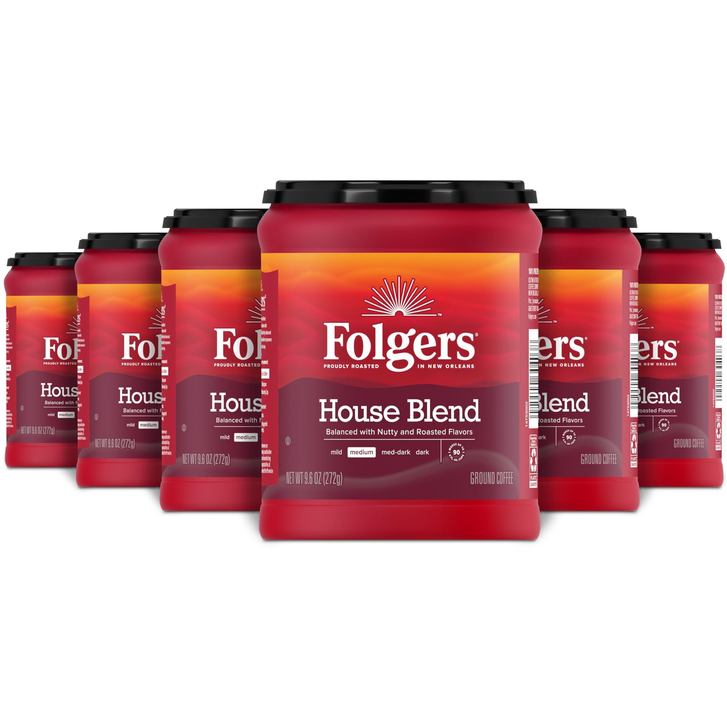 Folgers House Blend Medium Roast Ground Coffee, 9.6 Ounces (Pack Of 6)