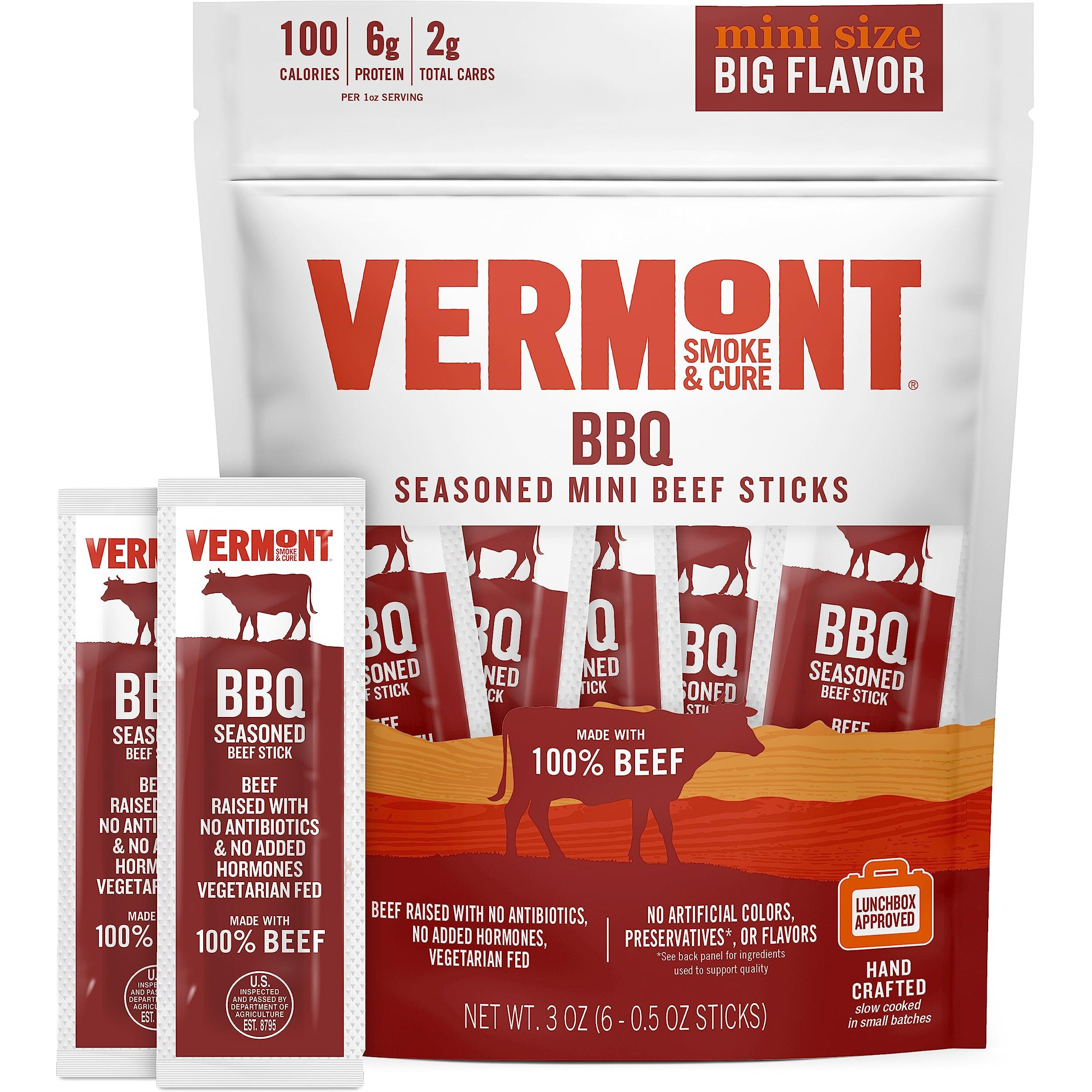 Snack Sticks By Vermont Smoke & Cure - Bbq Seasoned - Beef - Healthy Meat Protein - .5 Ounce - 3Oz Pouch - Pack Of 8