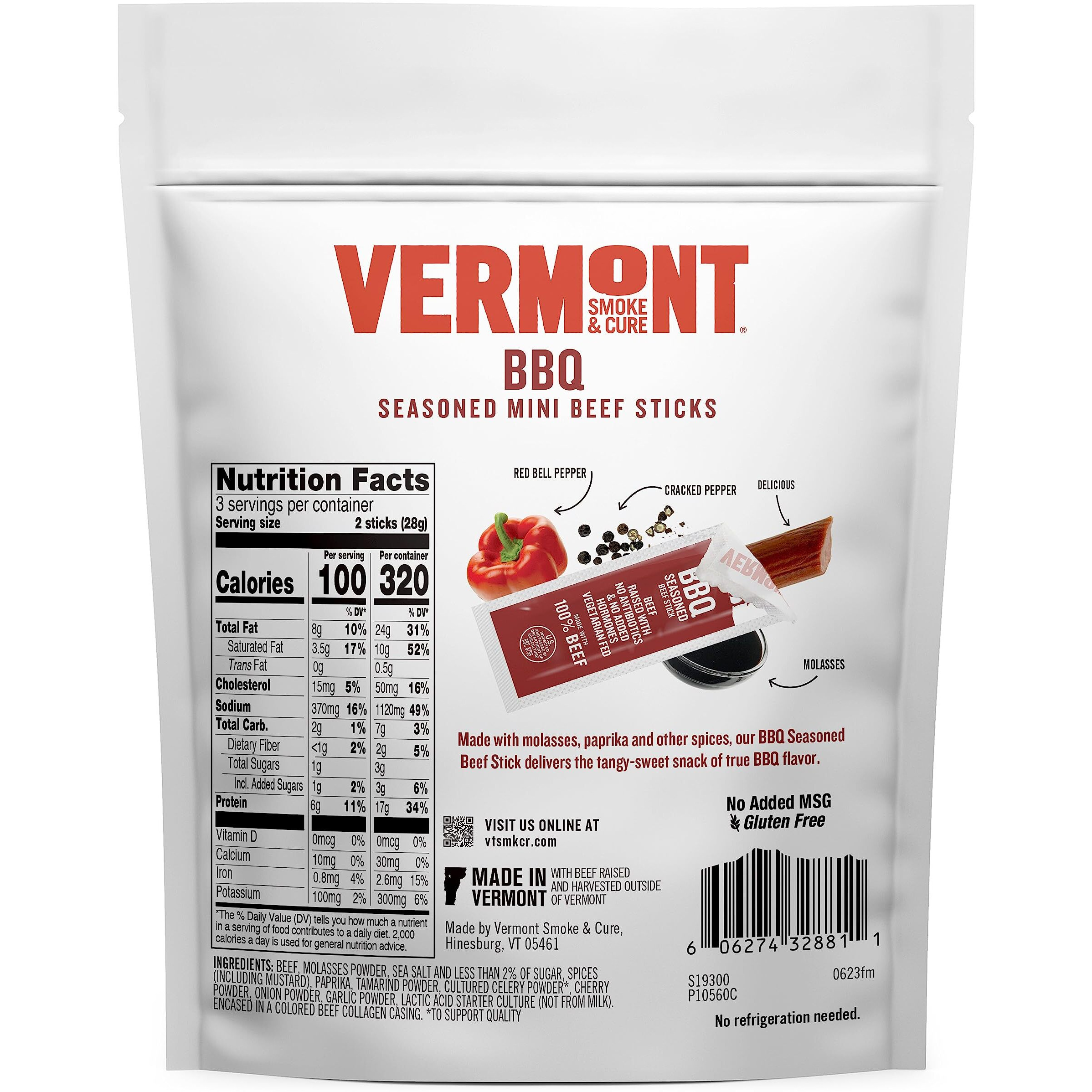 Snack Sticks By Vermont Smoke & Cure - Bbq Seasoned - Beef - Healthy Meat Protein - .5 Ounce - 3Oz Pouch - Pack Of 8