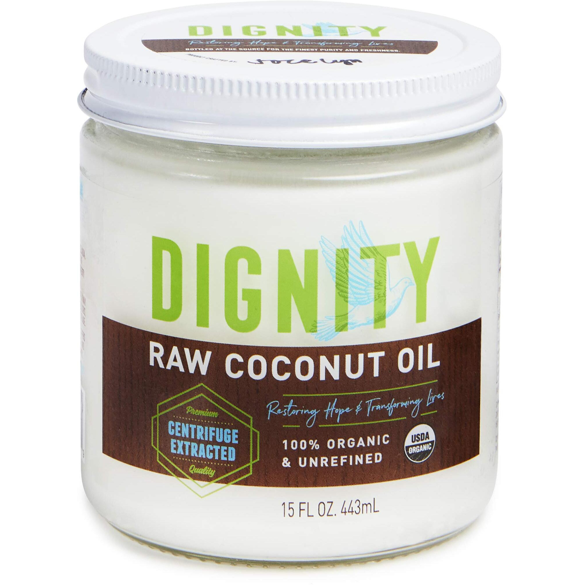 Dignity Coconuts Raw Coconut Oil - 100% Organic Unrefined Coconut Oil - 15 Fl Oz Glass Jar - Centrifuge Extracted