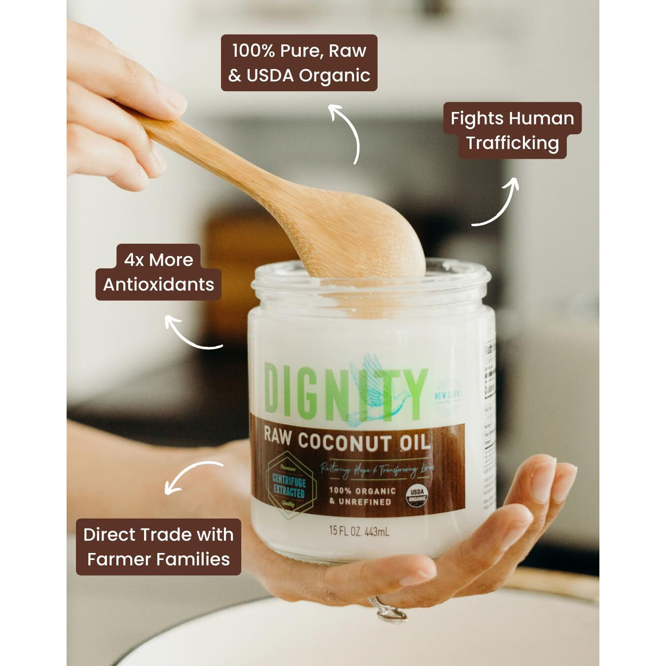 Dignity Coconuts Raw Coconut Oil - 100% Organic Unrefined Coconut Oil - 15 Fl Oz Glass Jar - Centrifuge Extracted