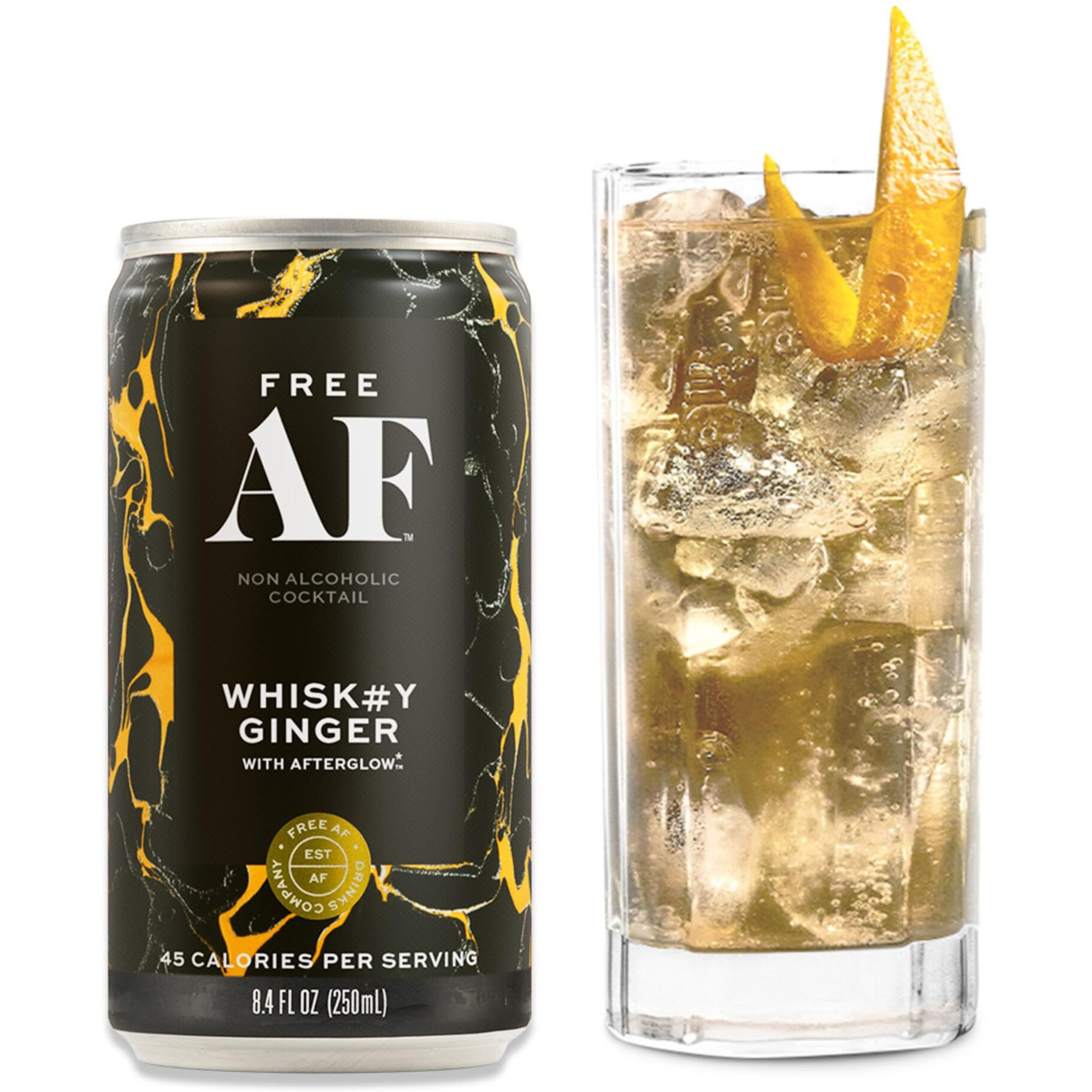 Free Af Non-Alcoholic Whiskey Ginger, Ready To Drink Mocktail With Afterglow, Low Calories, Smoky & Zesty, 8.4 Fl Oz Cans (12 Pack)