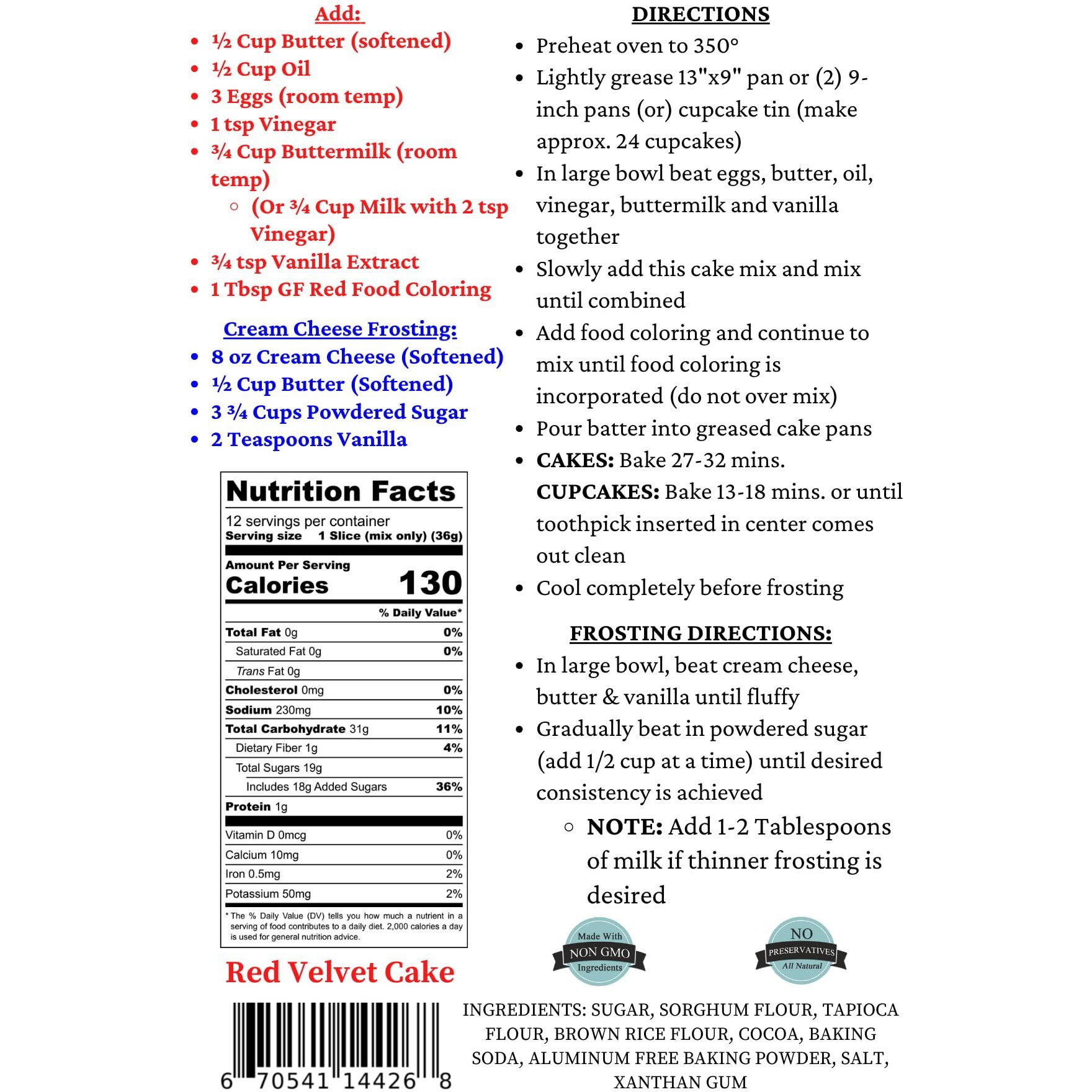 Mom's Place Gluten Free Red Velvet Cake Mix Dessert