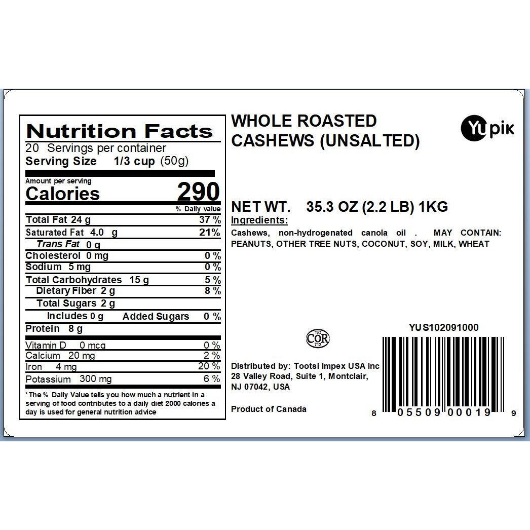 Yupik Roasted Unsalted Whole Cashews, 2.2 Lb, Gluten-Free, Kosher, Vegan, Crunchy Nuts, Lightly Roasted, No Added Salt, Source Of Protein & Iron, Savory Snacks