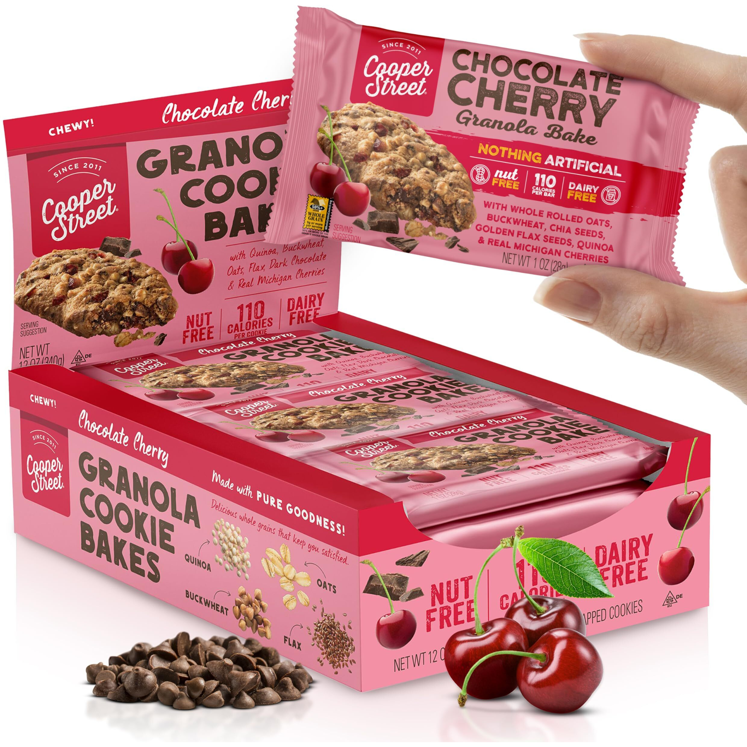 Cooper Street Granola Bakes - Chewy Breakfast Granola Bars With Chia, Flax, Buckwheat And Oats In Delicious Chocolate Cherry Flavor | Individually Wrapped Breakfast Snack Cookies | 12 Oz | 1 Pack