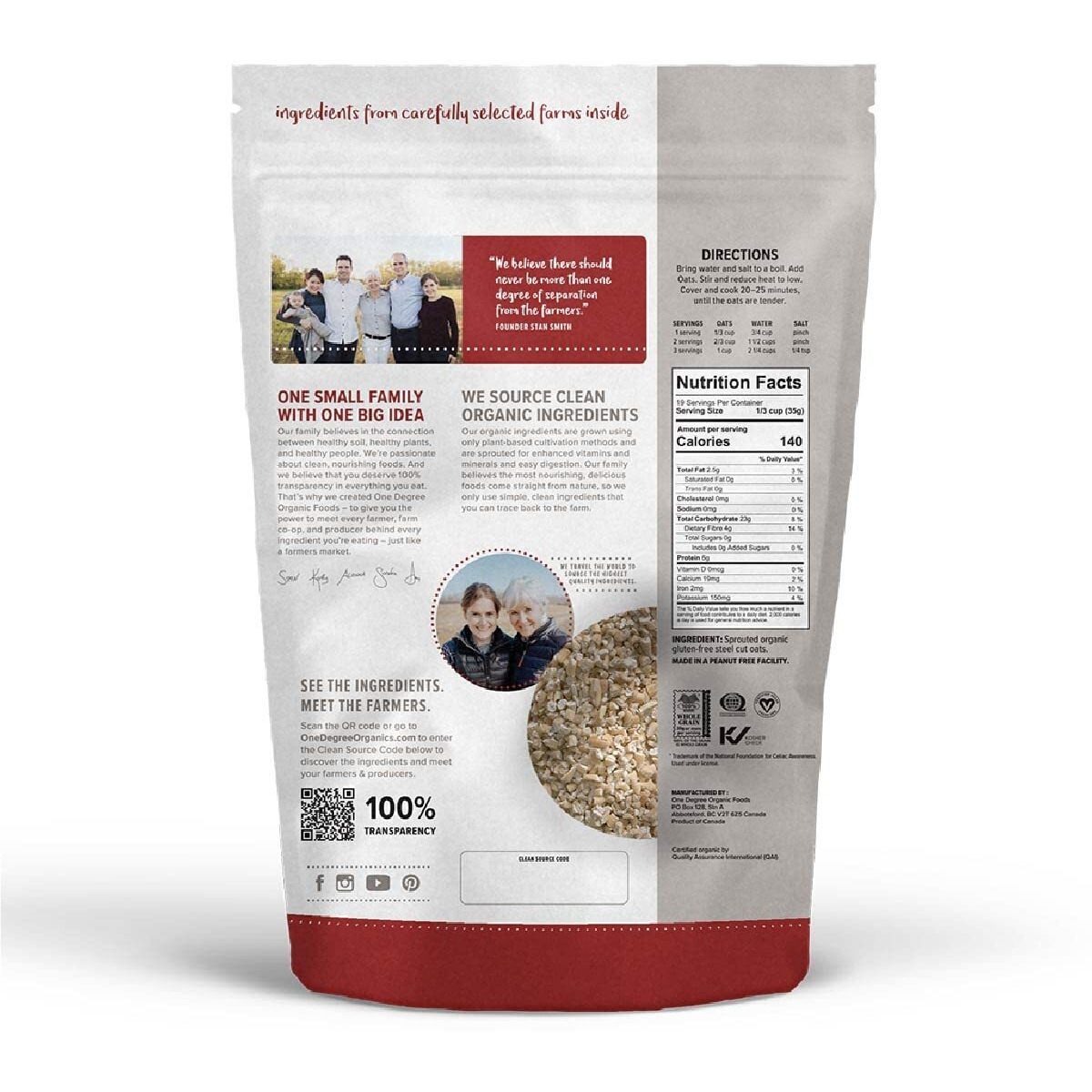 One Degree Organic Foods Sprouted Steel Cut Oats, Usda Organic, Non-Gmo Gluten Free Oatmeal, 24 Oz., 8 Pack