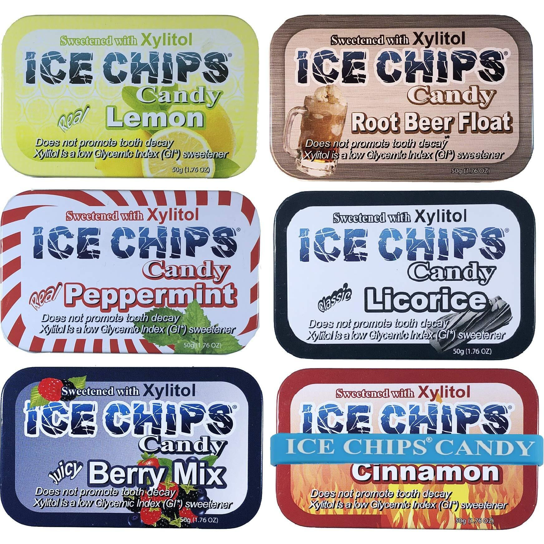 Ice Chips Xylitol Candy 6 Tins (Variety Pack) Low Carb, Gluten Free - Includes Ice Chips Band As Shown