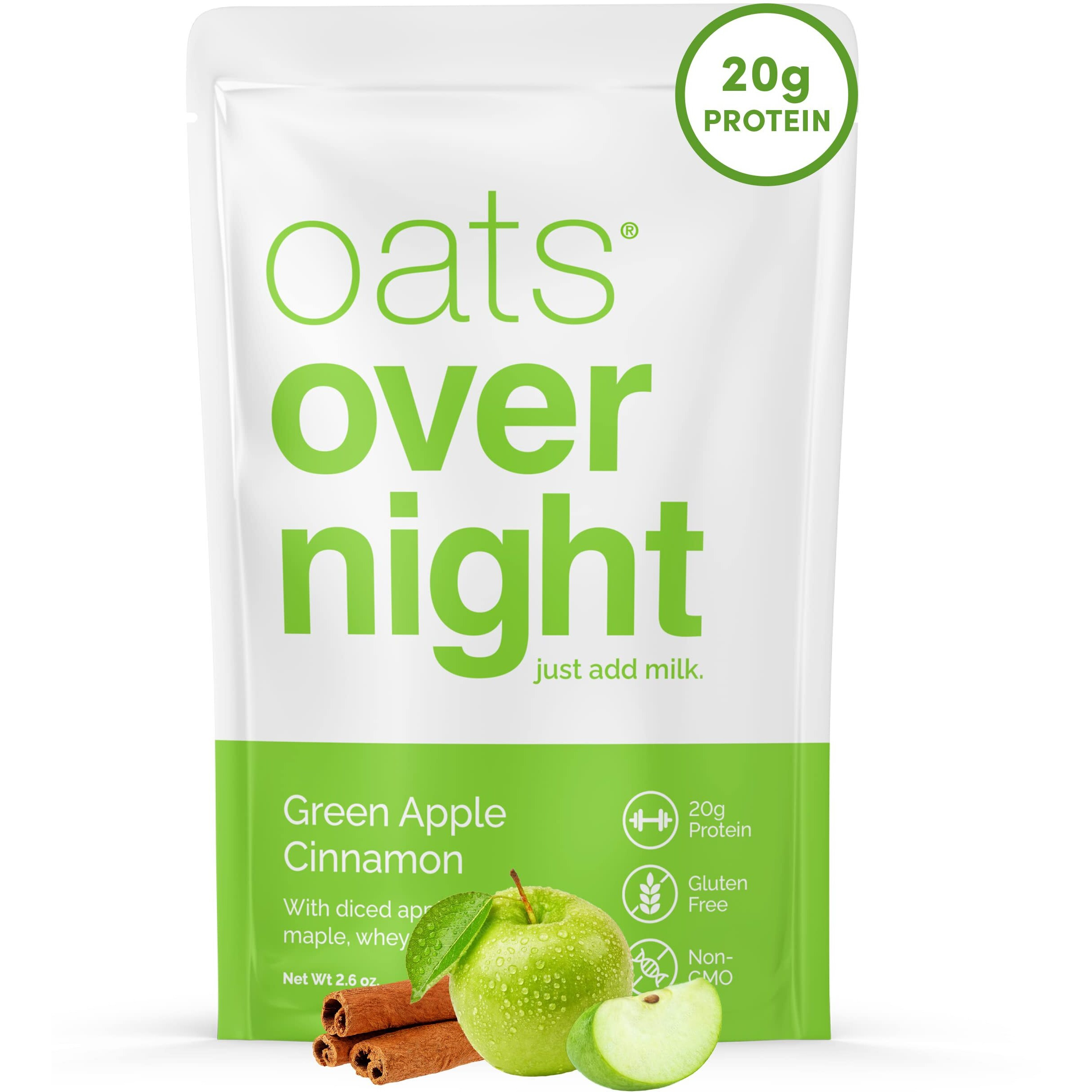 Oats Overnight Green Apple Cinnamon - Overnight Oats With 20G Protein, High Fiber Breakfast Protein Shake - Gluten Free Oatmeal, Non Gmo High Protein Oatmeal (2.6 Oz Per Meal) (24 Pack)