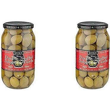 2 Pack Of Tassos All Natural Double Stuffed Jalapeno And Garlic Super Mammoth Olives (2X35.27 Oz.)