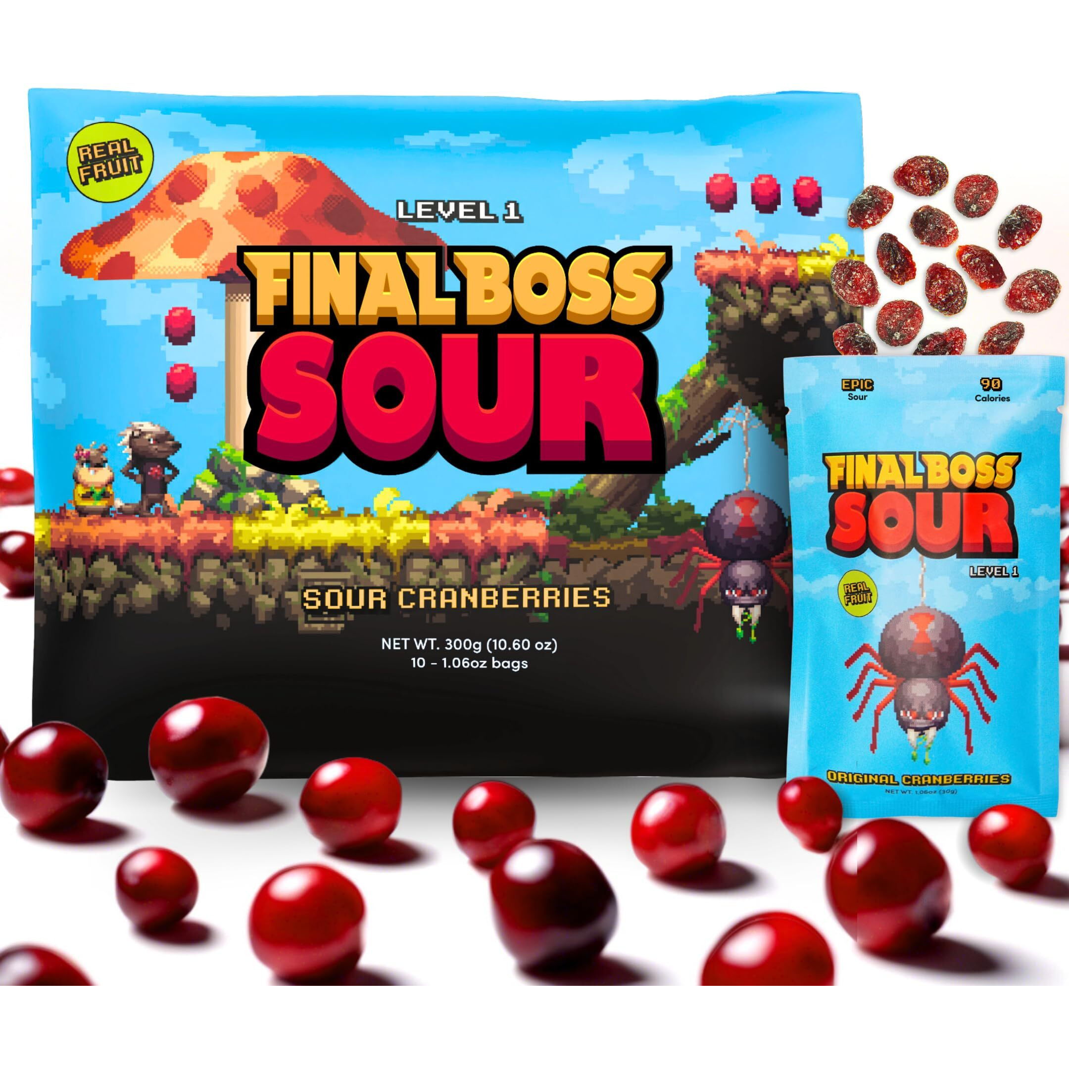 Final Boss Extremely Super Sour Candy, Natural Chewy Cranberry Gummies Made With Dried Fruit, Free Of Artificial Colors, Low Calorie Healthy Snack For Kids & Adults, 1.06Oz, 10 Pack (Lvl 1 Sourness)
