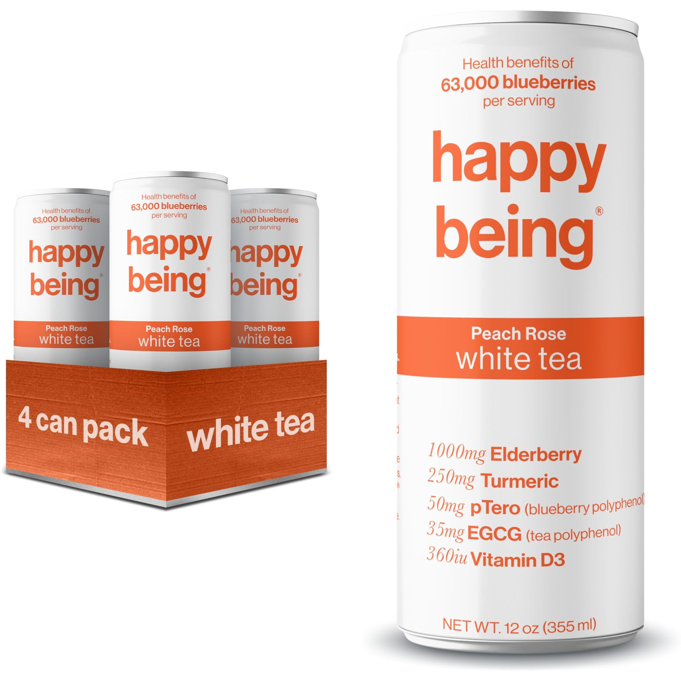 Happy Being Nutrient-Rich Organic Peach Rose White Tea - Infused With Turmeric, Elderberry, Vitamin D3, Caffeine Free, Plant-Based, Low Calorie & Low Sugar Drinks, 12Oz (4 Pack)