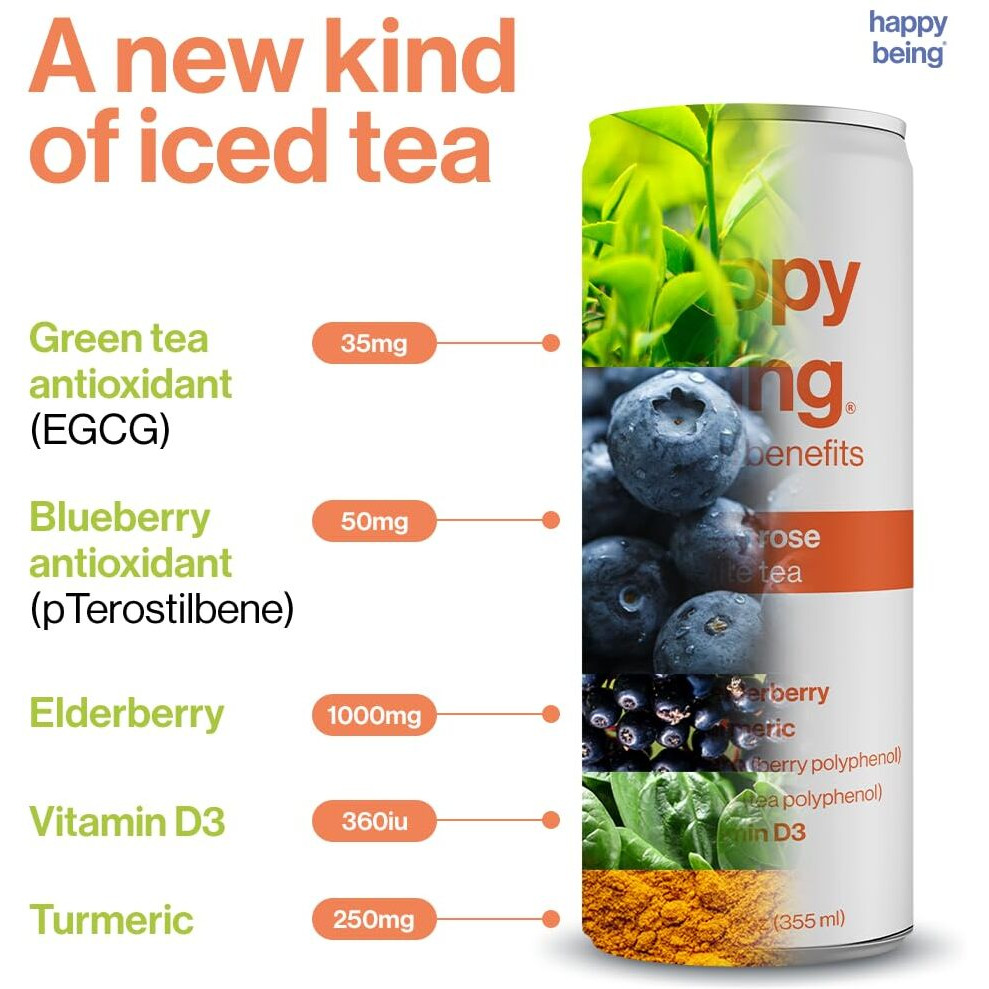 Happy Being Nutrient-Rich Organic Peach Rose White Tea - Infused With Turmeric, Elderberry, Vitamin D3, Caffeine Free, Plant-Based, Low Calorie & Low Sugar Drinks, 12Oz (4 Pack)