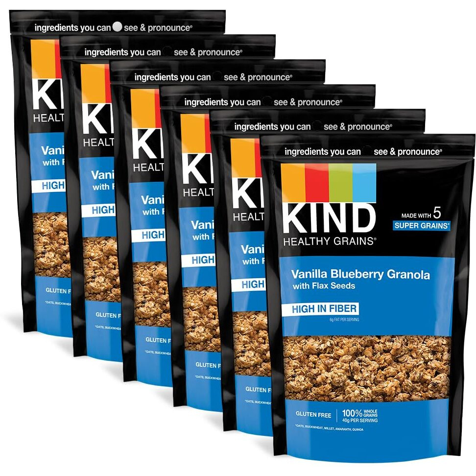 Kind Healthy Grains Granola, Healthy Snack, Vanilla Blueberry Granola With Flax Seeds, Snack Mix, 11 Oz (6 Bags)