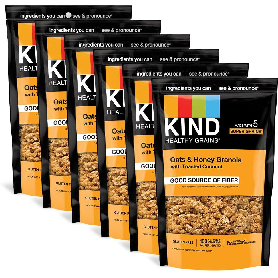 Kind Healthy Grains Granola, Healthy Snack, Oats & Honey Granola With Toasted Coconut, Snack Mix 11 Oz (Pack Of 6)