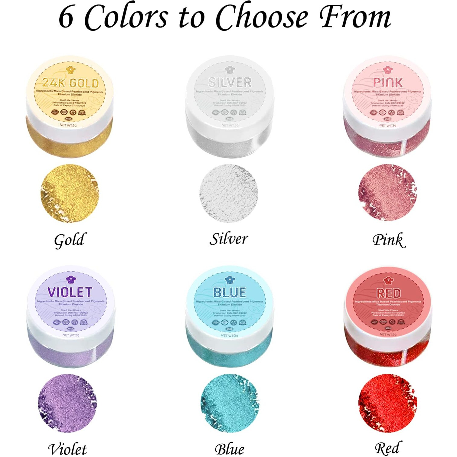 Edible Luster Dust,6 Colors Cake Dust Set Metallic Shimmer Valentine's Day Food Grade Coloring Powder For Easter Egg, Cake Decorating, Baking, Fondant, Chocolate, Candy, Drinks, Cookies, Vegan