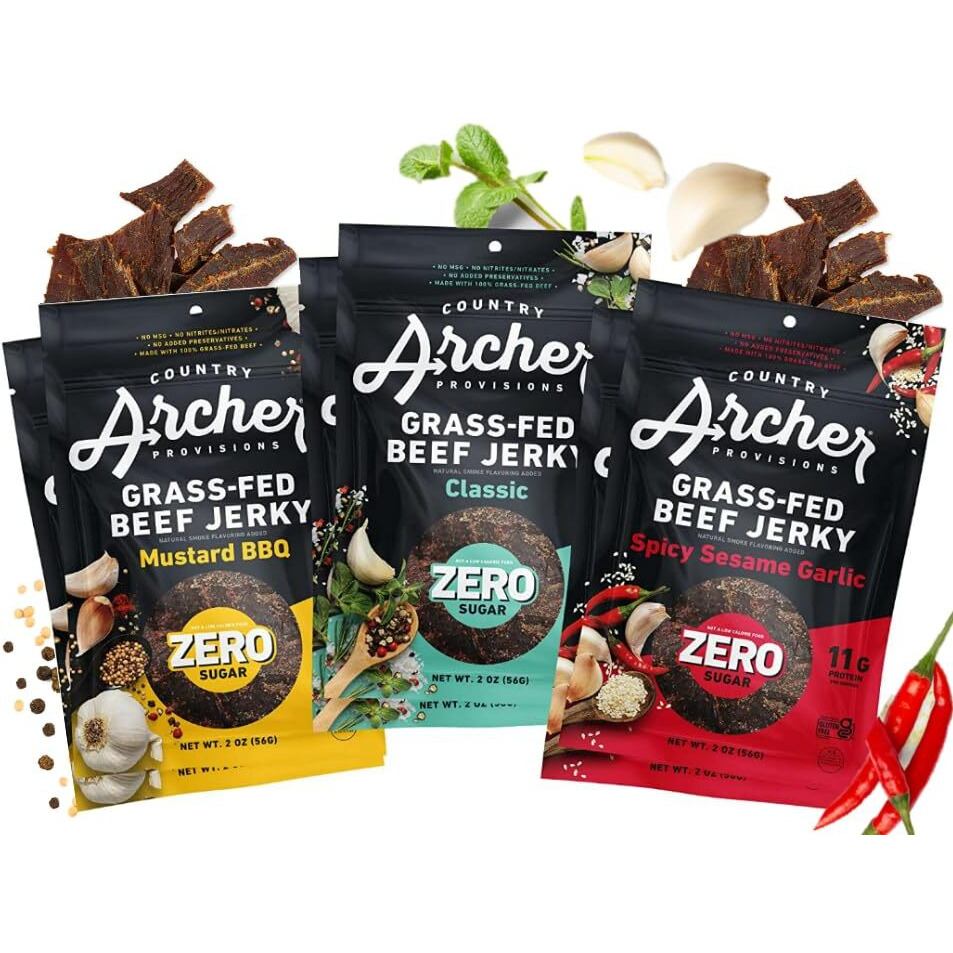 Country Archer Grass-Fed Beef Jerky Variety Pack - Beef Jerky Snack Packs, Beef Jerky Assortment, Jerky Sampler With Classic, Mustard Bbq And Spicy Sesame Garlic - 2 Oz (Pack Of 6)