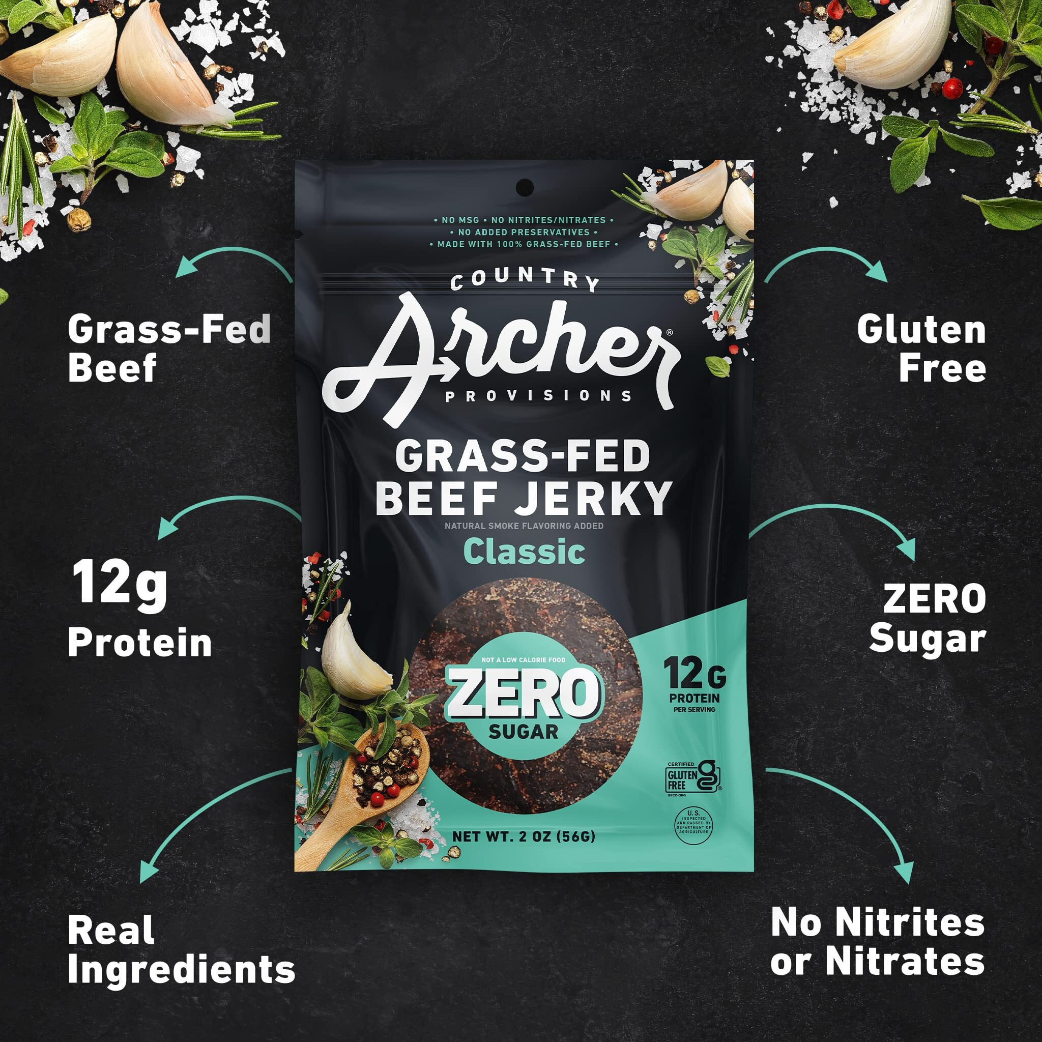 Country Archer Grass-Fed Beef Jerky Variety Pack - Beef Jerky Snack Packs, Beef Jerky Assortment, Jerky Sampler With Classic, Mustard Bbq And Spicy Sesame Garlic - 2 Oz (Pack Of 6)