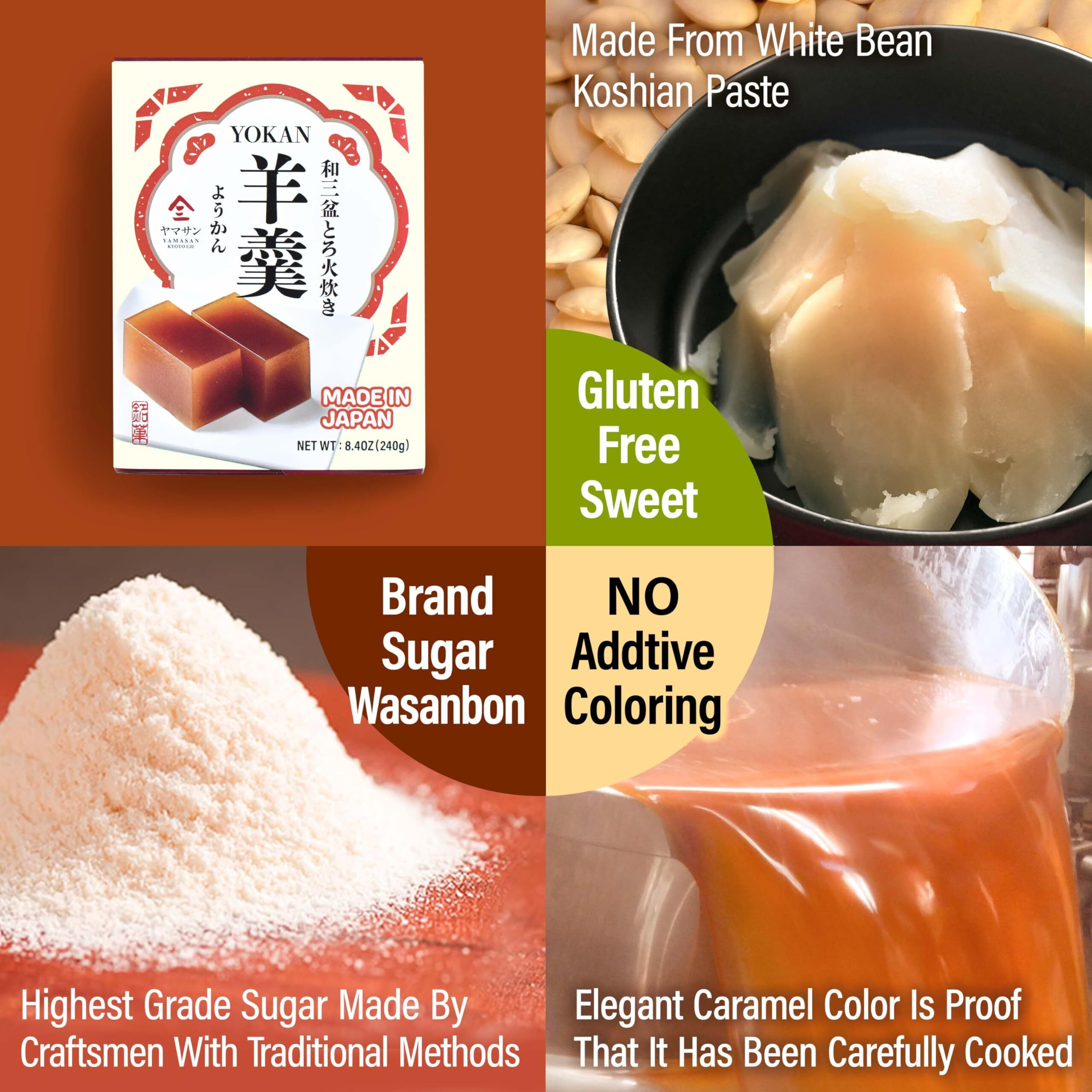 Yokan Japanese Traditional Wagashi Sweets - Sweet Koshian Anko Paste Jelly Cake, Wasanbon Sugar, No Coloring, Gluten Free, Made In Japan 240G(8.4Oz)Yamasan