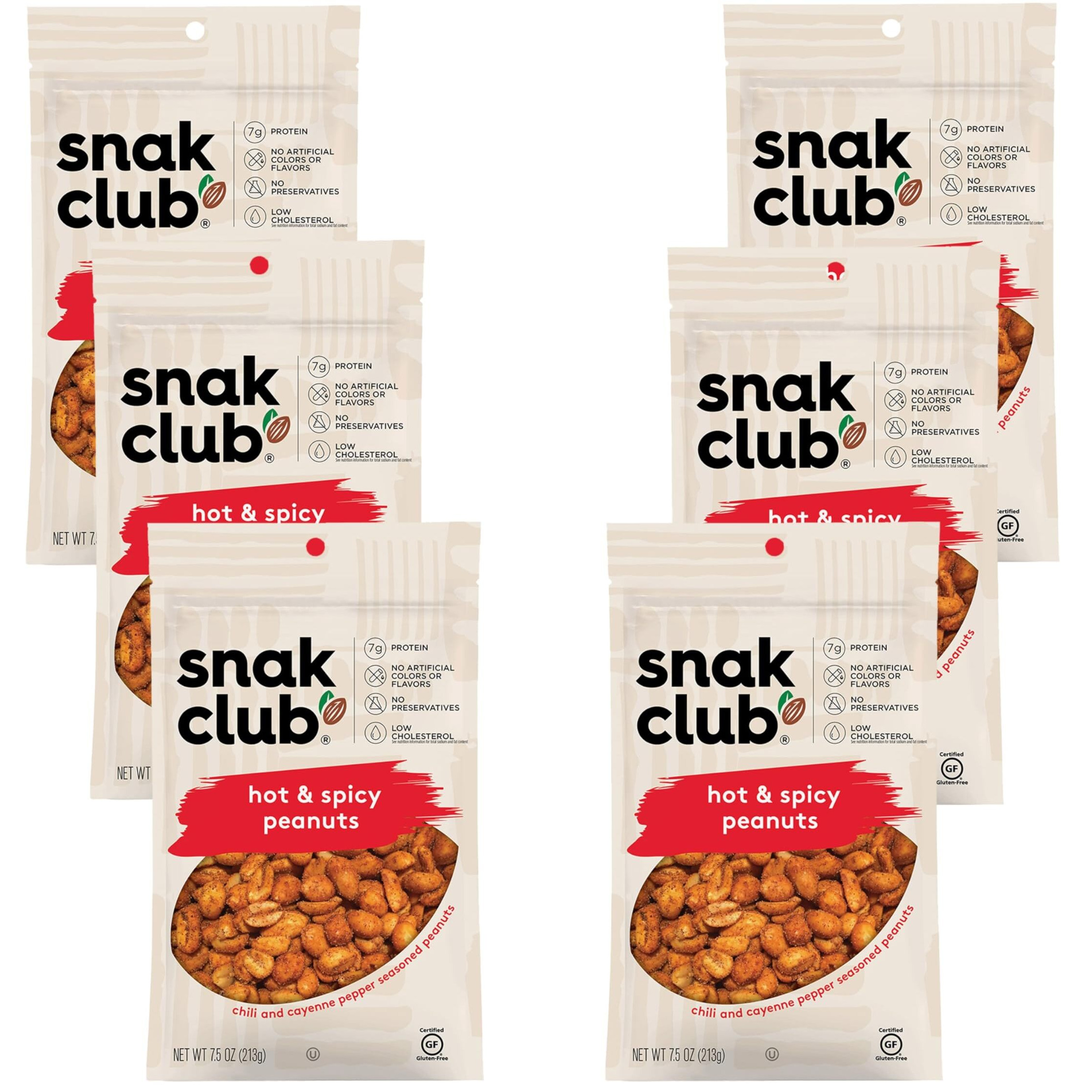 Snak Club Hot And Spicy Peanuts, Chili And Cayenne Pepper Seasoned Nuts, Gluten-Free And Kosher Snack, 7.5 Oz Resealable Bags, 6 Pack