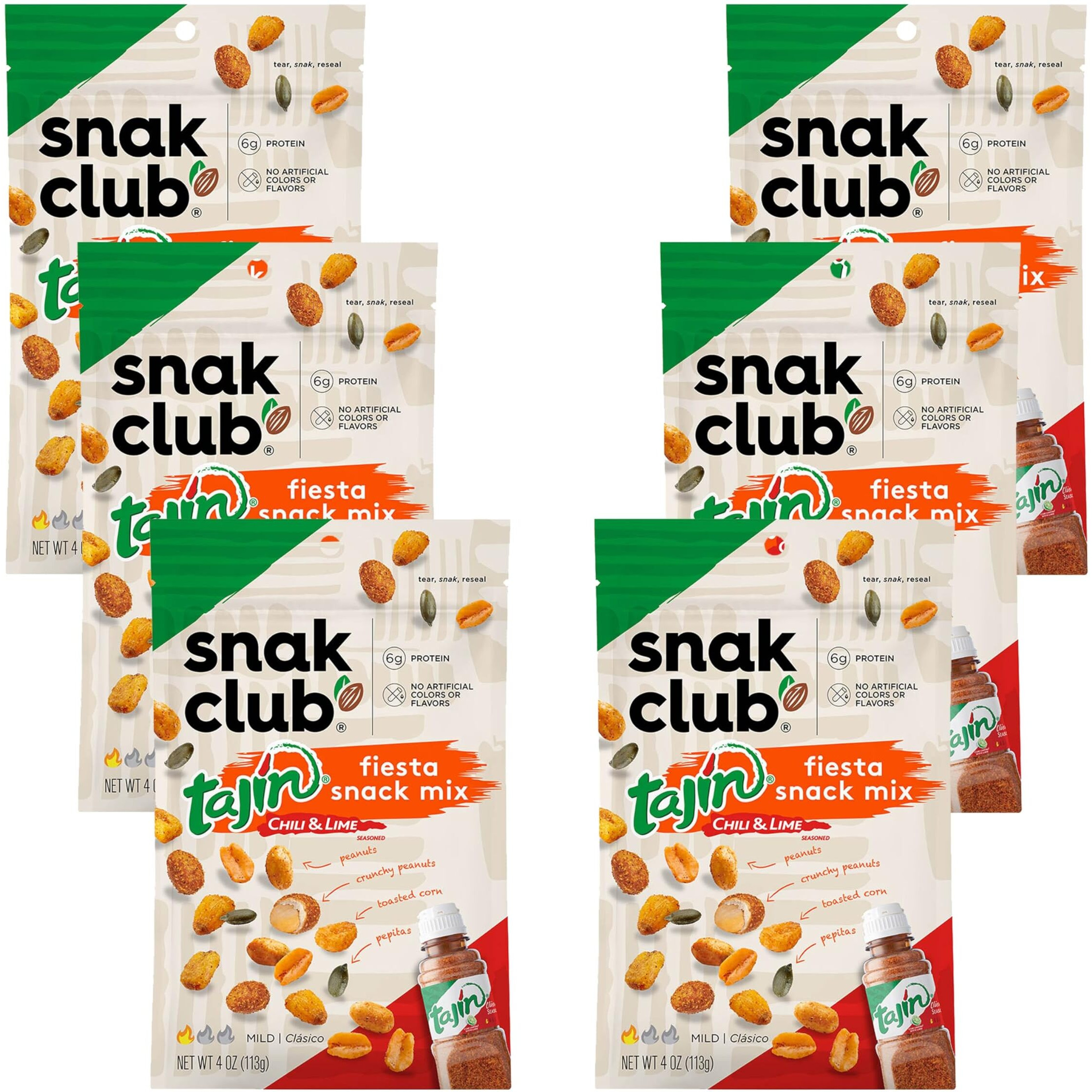 Snak Club Tajin Fiesta Snack Mix, Peanuts, Crunchy Peanuts, Toasted Corn, And Pepitas With Chili And Lime Seasoning, Mild, No Artificial Colors Or Flavors, 4 Oz Resealable Bags, 6 Pack