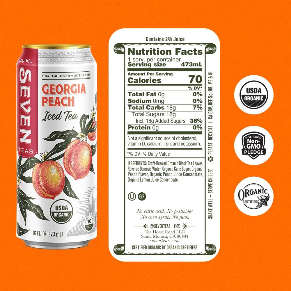 Seventeas Georgia Peach Iced Tea, 16 Oz (Pack Of 12 Cans), Lightly Sweetened Organic Iced Tea