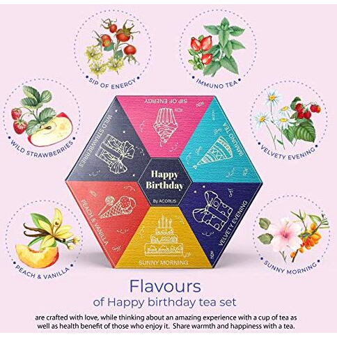 Acorus Happy Birthday Tea Gift Sets | Assorted Tea Set Birthday Present To Those Who We Care About | Herbal Fruit And Black Tea Variety Pack With Warm Wishes Written All Over The Box | 60 Tea Bags