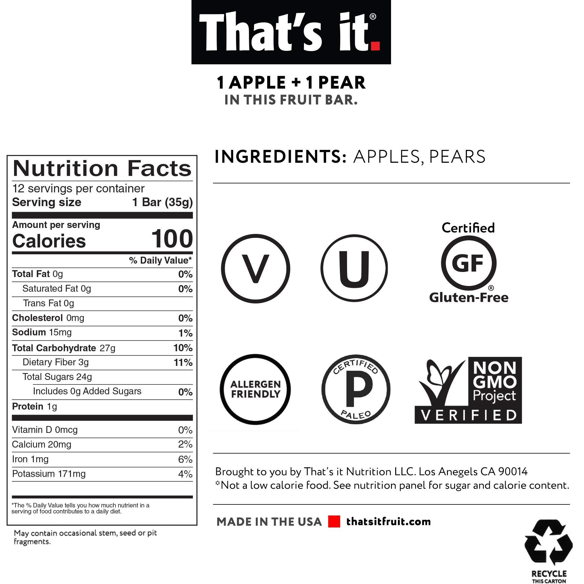 That's It. Gluten-Free Apple + Pear Fruit Bars, 14.4 Ounce, 12 Bars, No Preservatives, No Added Sugar, Paleo, Good For Children, Best High Fiber Vegan Snack