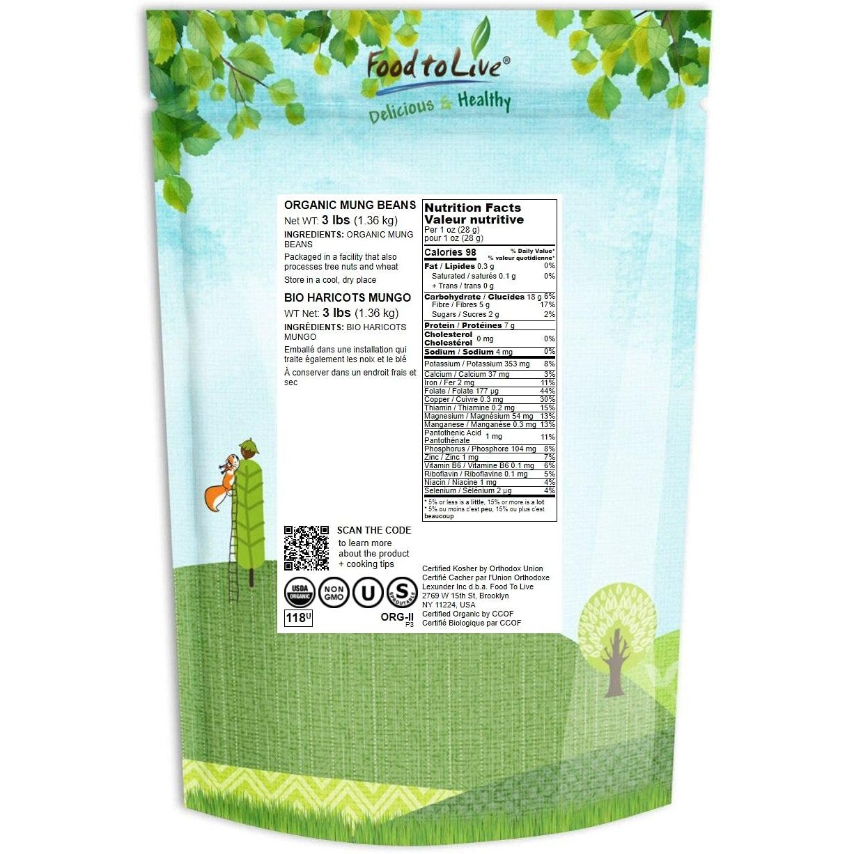 Food To Live Organic Mung Beans, 3 Pounds Non-Gmo, Whole Dried Beans, Green Gram, Sproutable, Kosher, Vegan, Sirtfood, Bulk. Source Of Fiber, Protein, Folate. Goes With Asian, Middle East Dishes