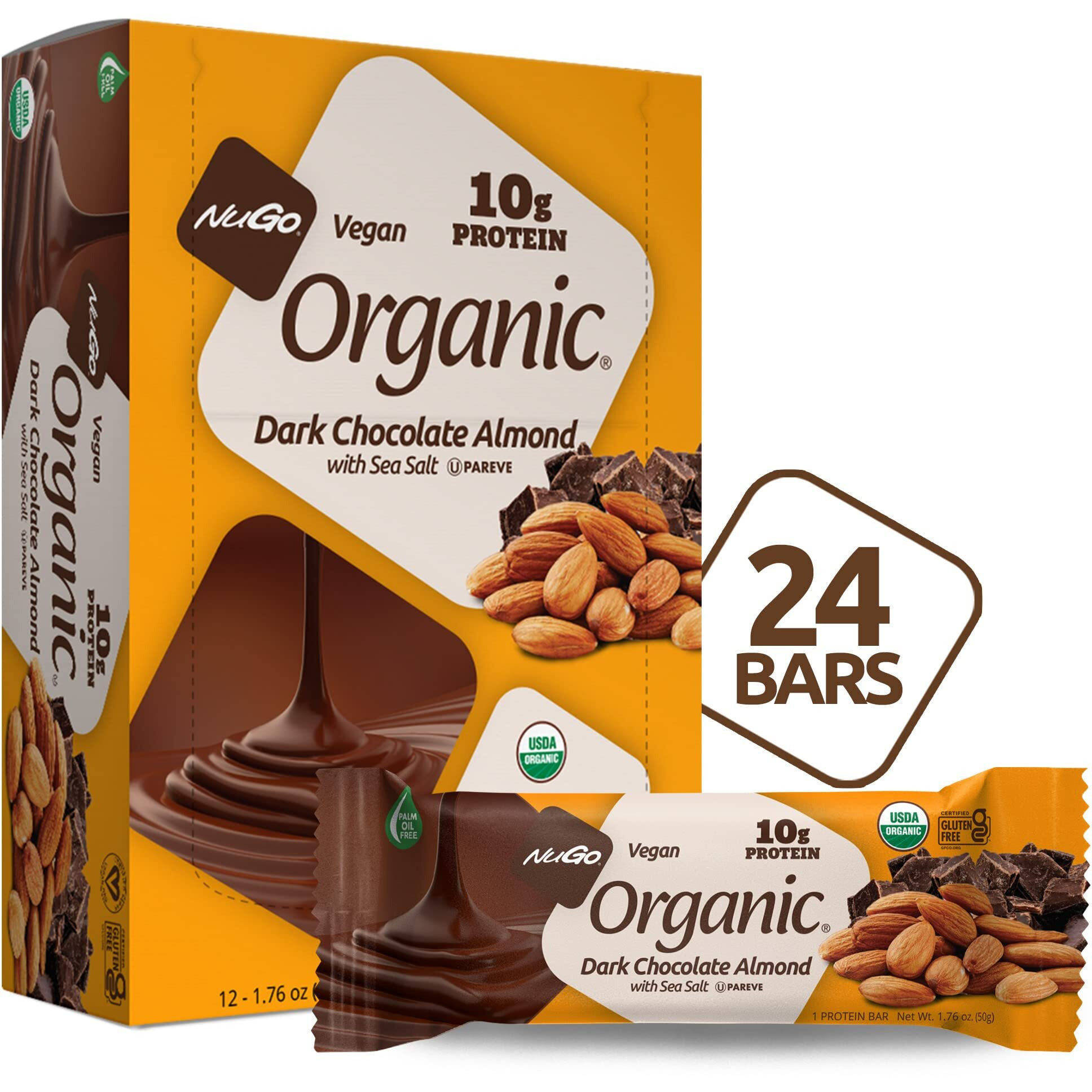 Nugo Organic Dark Chocolate Almond, 10G Vegan Protein, Gluten Free, 24 Count