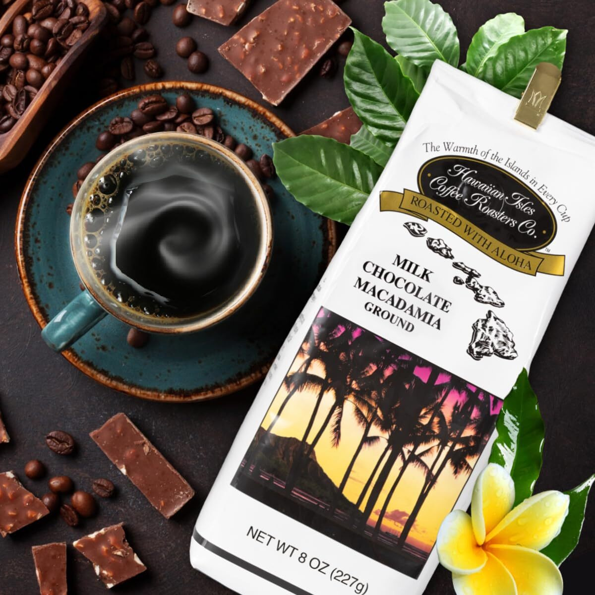 Hawaiian Isles Coffee Milk Chocolate Macadamia Flavored, Light Roast Ground Coffee, Roasted With Aloha - 8 Ounce Bag