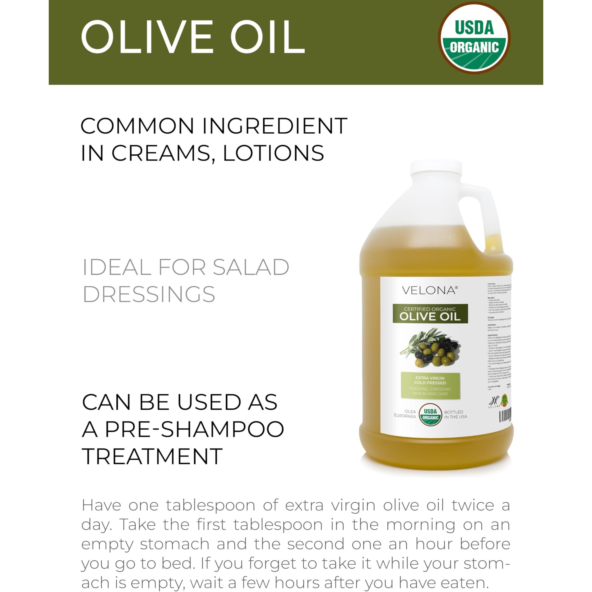 Velona Usda Certified Organic Olive Oil - 1 Gallon / 128 Fl Oz | 100% Pure And Natural Carrier Oil | Extra Virgin, Unrefined, Cold Pressed