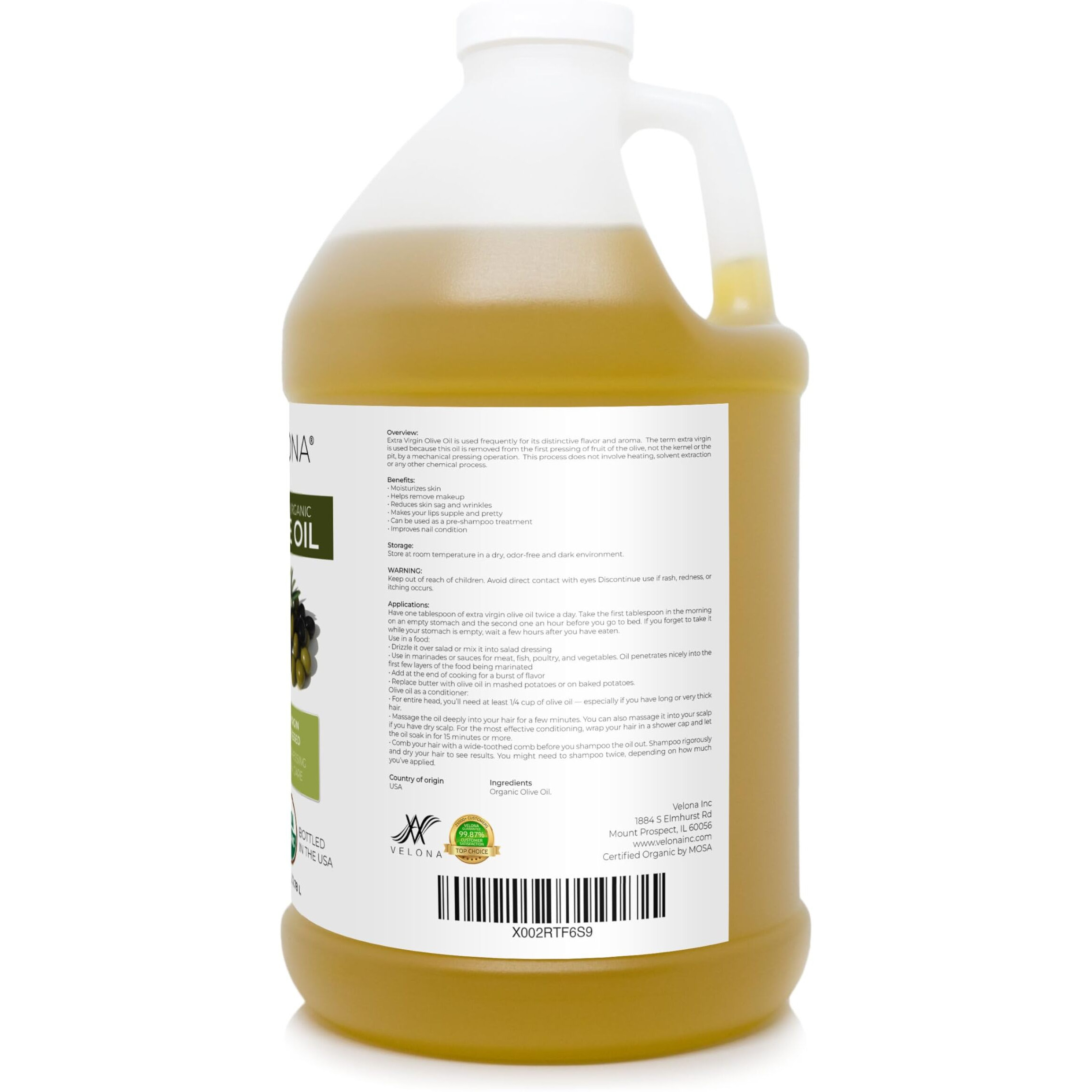 Velona Usda Certified Organic Olive Oil - 1 Gallon / 128 Fl Oz | 100% Pure And Natural Carrier Oil | Extra Virgin, Unrefined, Cold Pressed