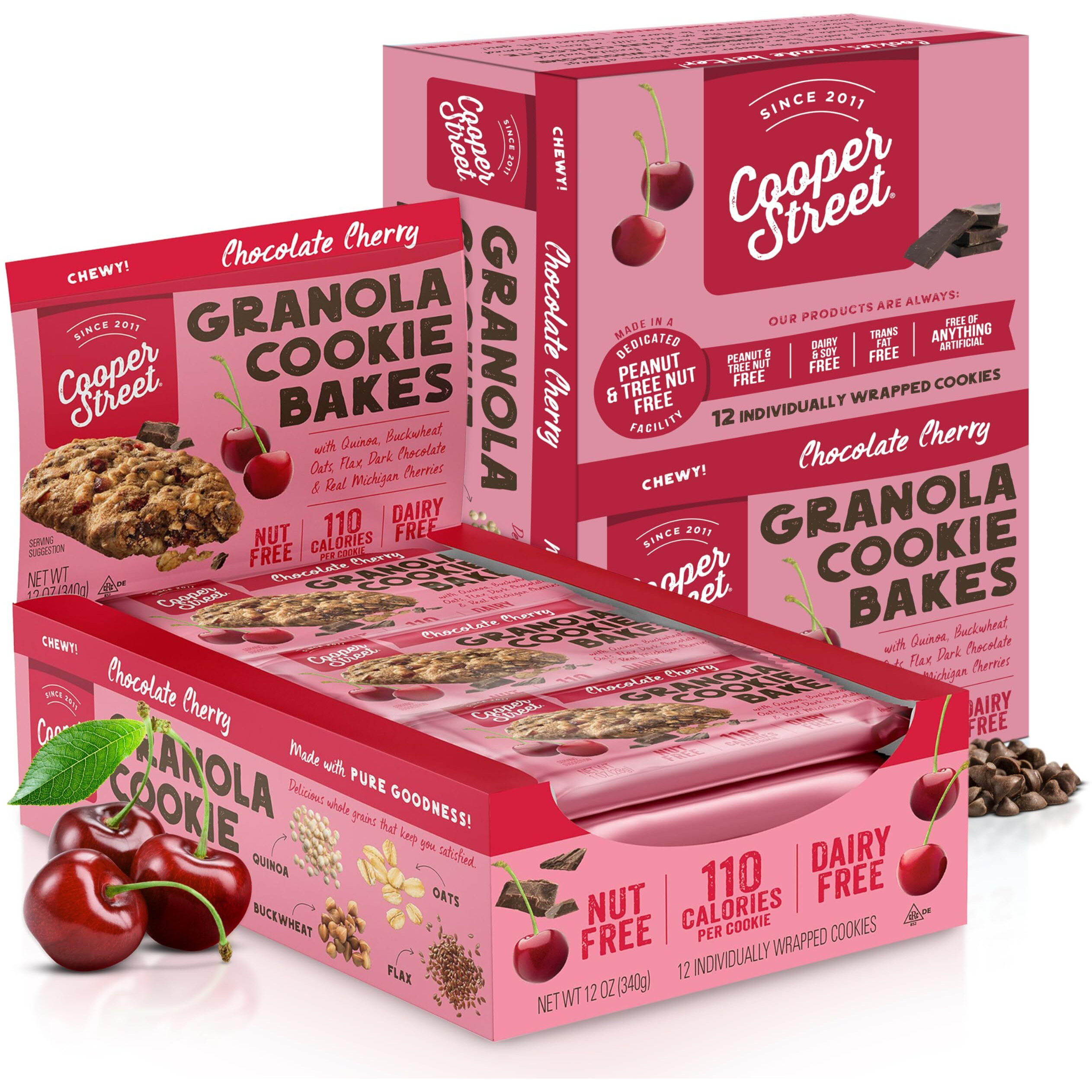 Cooper Street - Chewy Granola Bakes, Chocolate Cherry Oatmeal Cookies, Granola Bars Alternative, Guilt-Free Snack/Breakfast Cookies, No Nuts, Dairy, Soy & Artificial Ingredients, 12Ct Economy 2 Packs
