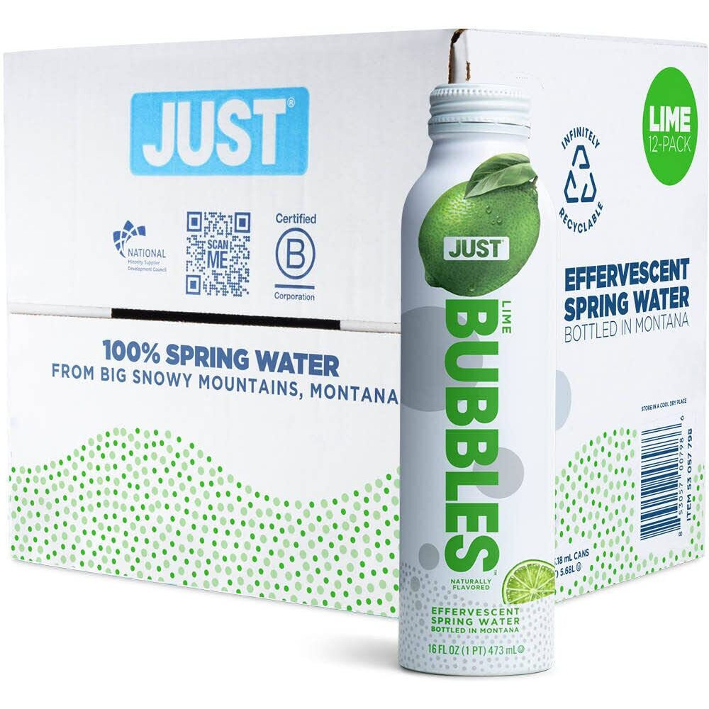 Just Bubbles Lime - Pure Premium Sparkling Spring Water In A Fully Recyclable Reusable Eco-Friendly Bottle - 100% Mountain-Sourced Carbonated Water With Naturally Occurring Minerals, 16 Fl Oz (Pack Of 12)