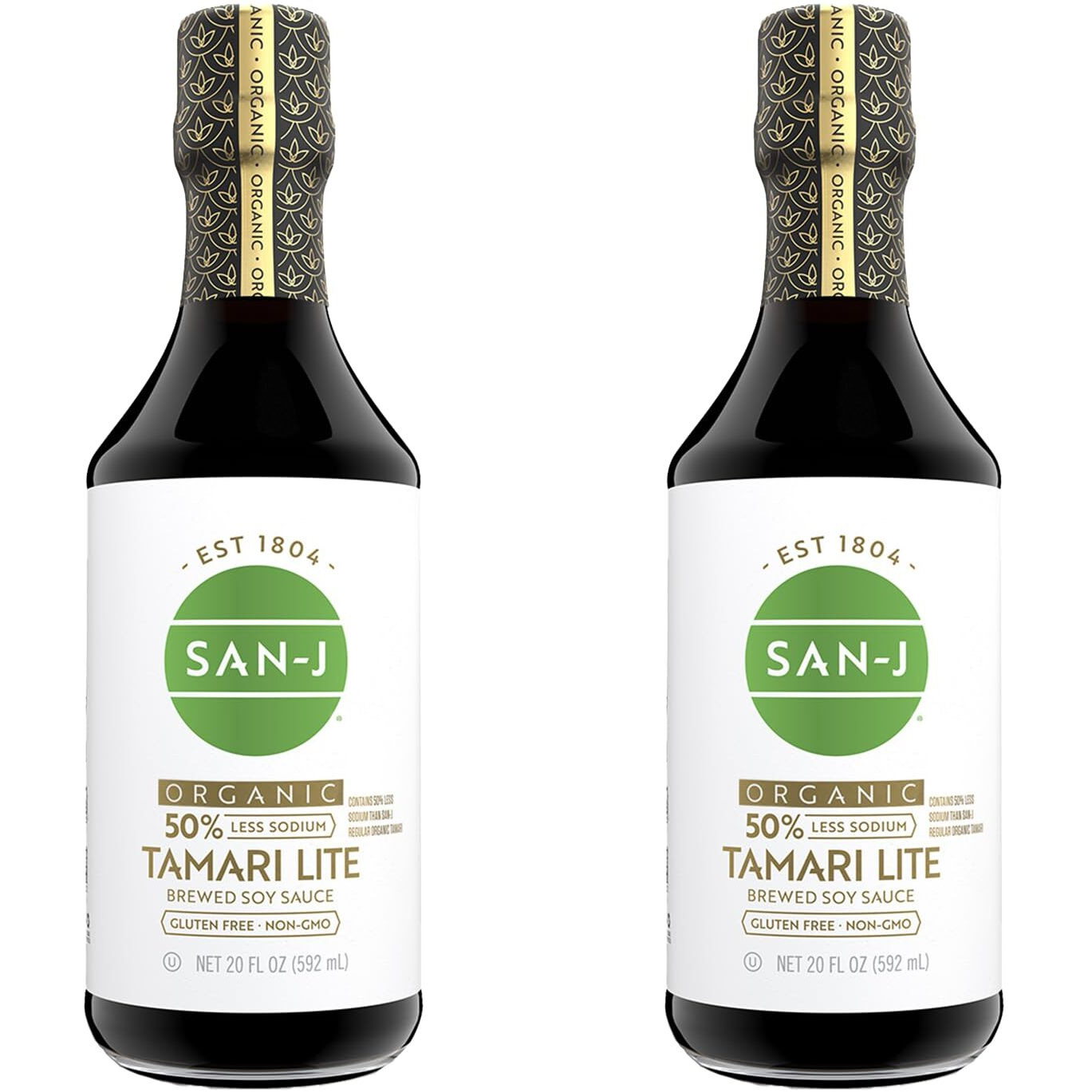 San-J - Organic Gluten Free Tamari Soy Sauce With 50% Less Sodium - Made With 100% Whole Soy - Specially Brewed - 20 Oz. Bottles - 2 Pack